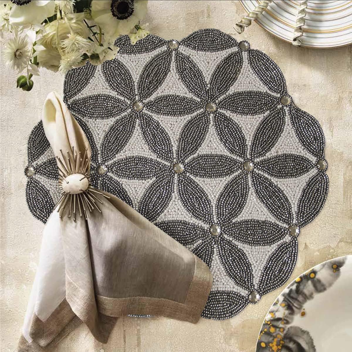Silver Gray Beaded Placemats Set of 2 for Dining Coffee Table Scratch Heat Stain Resistant Anti Skid Charger Kitchen Decor Durable Tablemats - Holiday Gathering Party Occasions - 14 Inches : Home & Kitchen