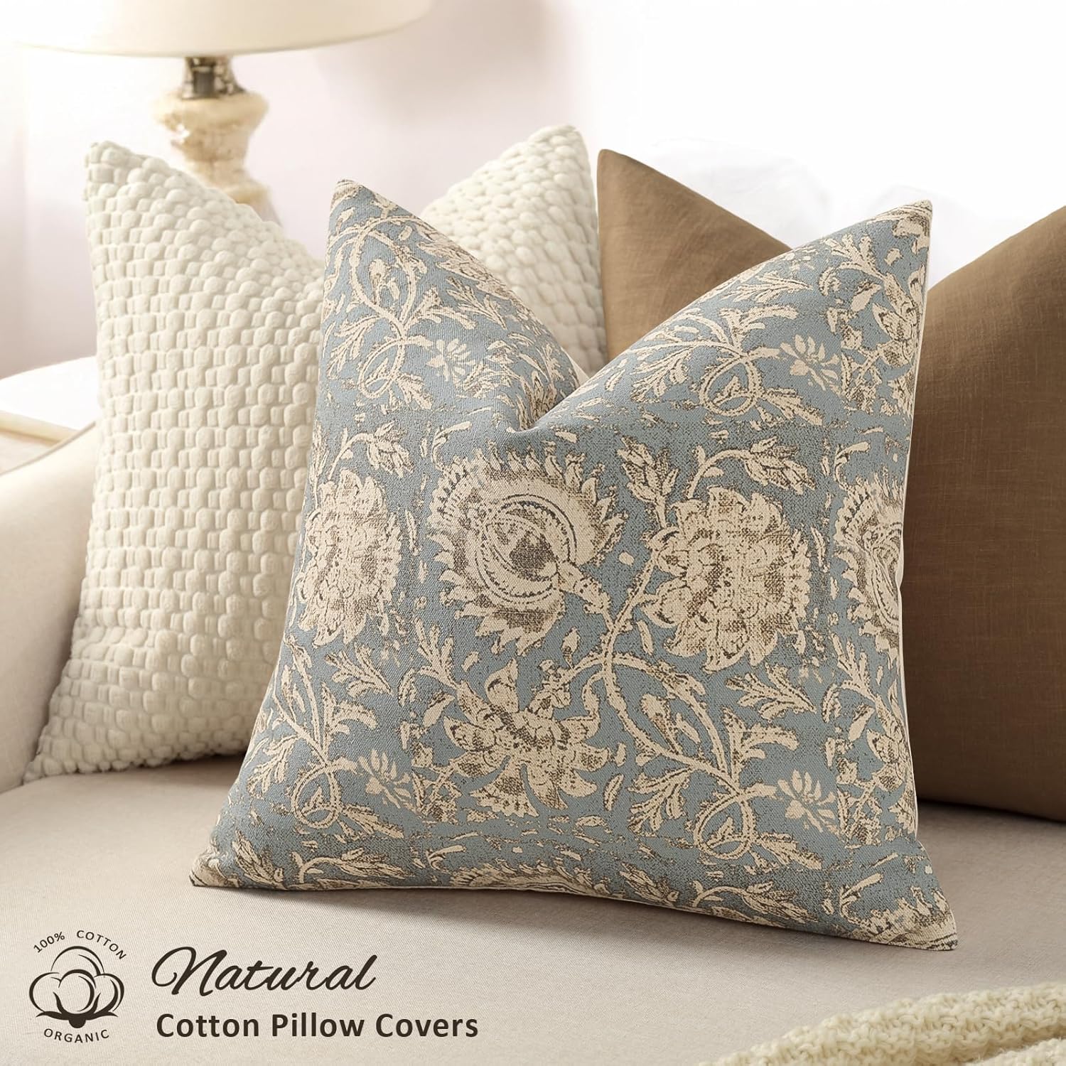 vintage floral print throw pillow covers 18x18 set of 2 neutral modern farmhouse pillowcases accent decorative cushion covers boho home decor for couch sofa chair bed living room, sky blue sky blue 18" x 18" (pack of 2)