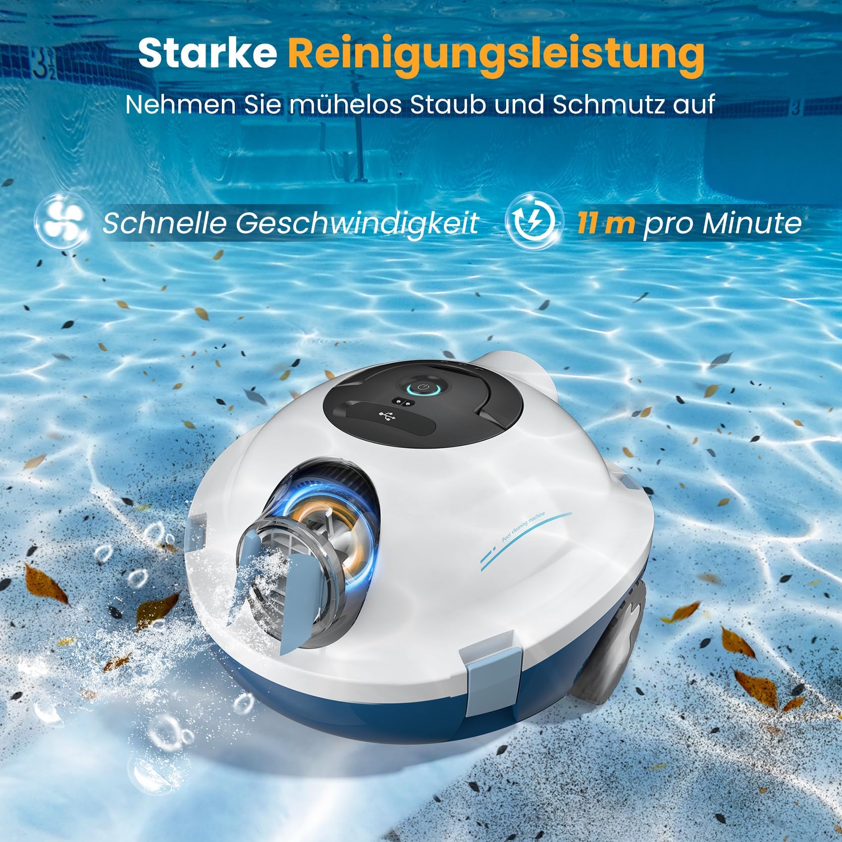 Poolroboter, kabelloser Poolsauger, Schnurloser Roboter-Poolreiniger, automatischer, leistungsstarker Poolsauger, 120 Minuten Laufzeit, selbstparkend, ideal für Flache Böden bis 100 m²(Weiß)