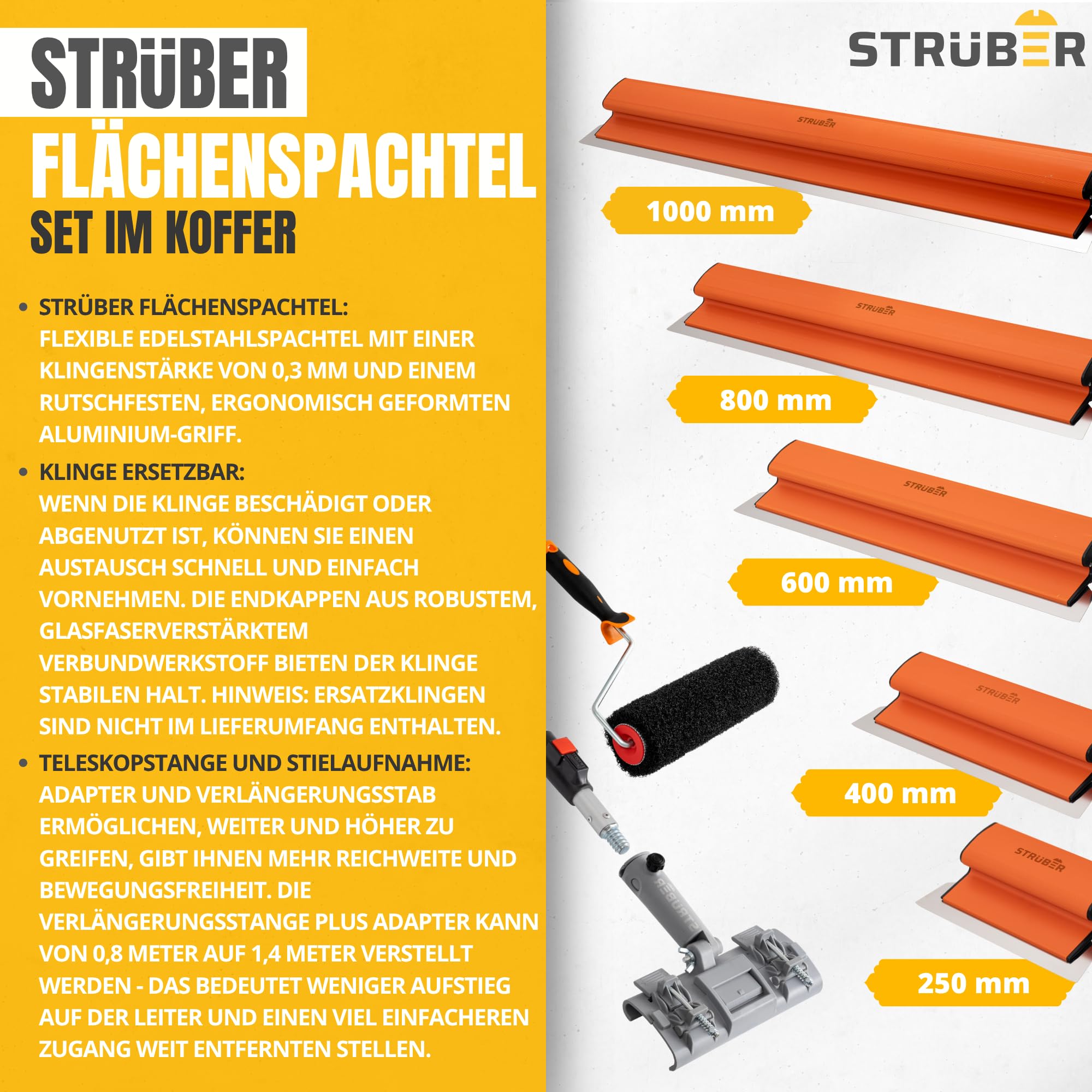 STRÜBER Flächenspachtel Set im Koffer- 5 x Flächenspachtel (250mm, 400mm, 600mm, 800mm, 1000mm) - Ergonomischer Z-Griff - Teleskopstange + Adapter - Rollspachtel - Made in EU