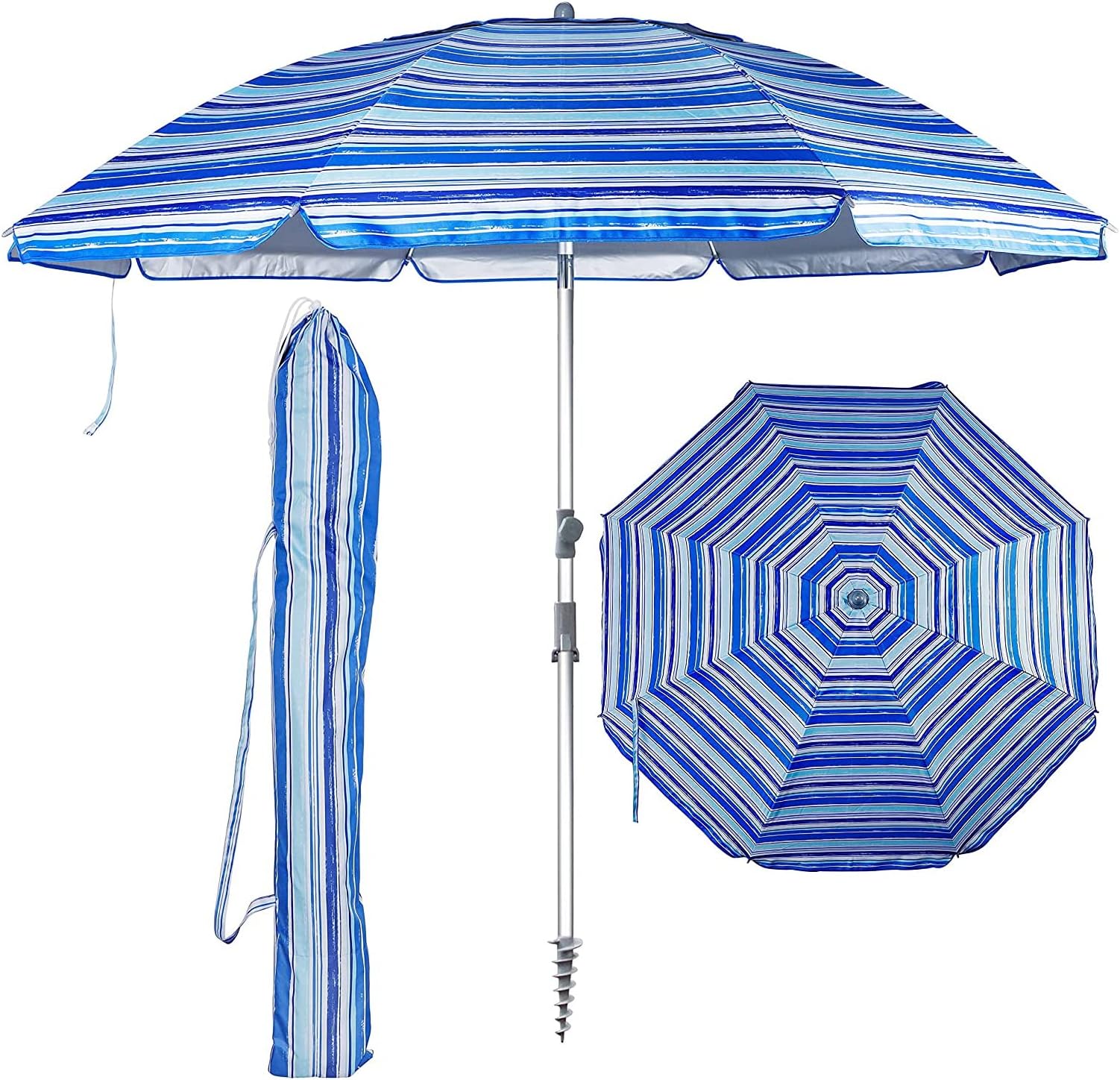 ROYAL POLAR 7ft Beach Umbrella for Sand Aluminum Pole UV 50+ Protection Outdoor Windproof Beach Umbrella with Sand Anchor Portable Carry Bag for Beach Patio Lawn Garden Backyard - One Size - multi