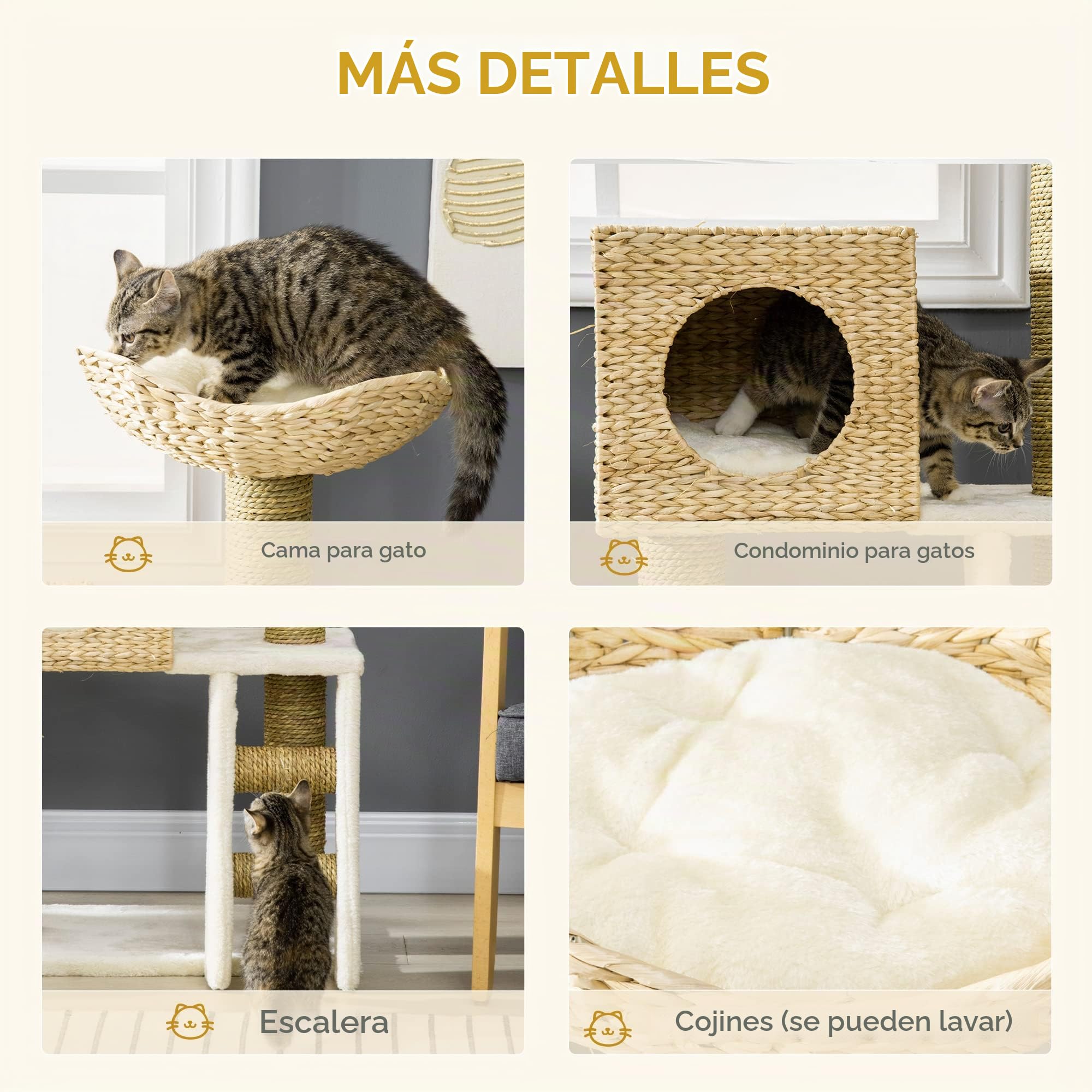 PawHut Árbol Rascador para Gatos Medianos 2 Postes 57x37x100,5 cm Natural | Torre para Gatos, Cama Superior, Cueva de Totora, 2 Cojines, Escalera