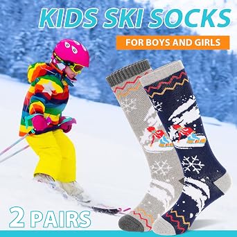 GRPSKCOS Kids Ski Socks, 2 Pairs Warm Thick Thermal Snowboard Skating Socks for Boys Toddler 3-12 Years