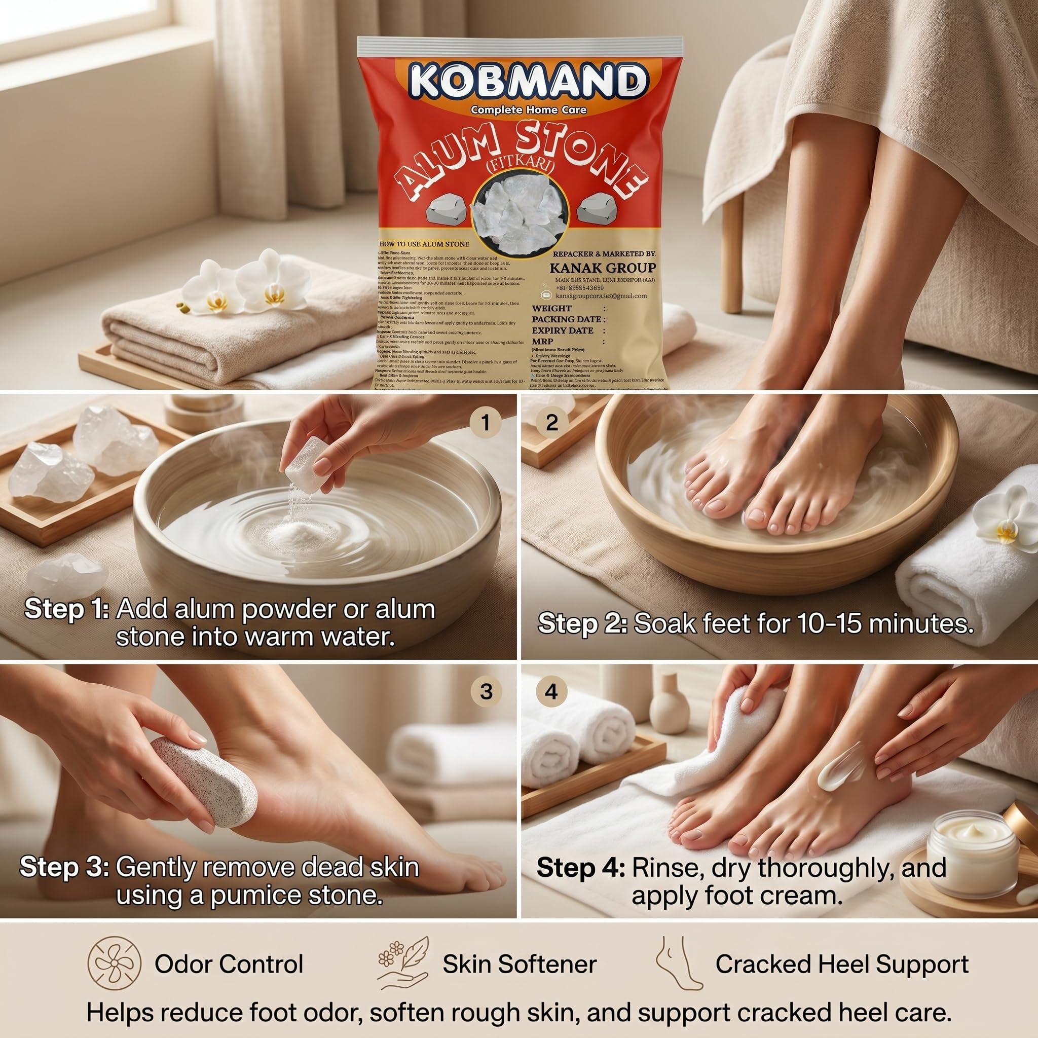 KOBMAND Alum Stone (Fitkari Bar) Shaving Burns, Underarm Odor, Skin Face, Deodorant, Vastu, Water Purification, After Shave, Plants, Mouthwash, Floor Cleaning | Phitkari Fitkiri Alam 900 gm 4