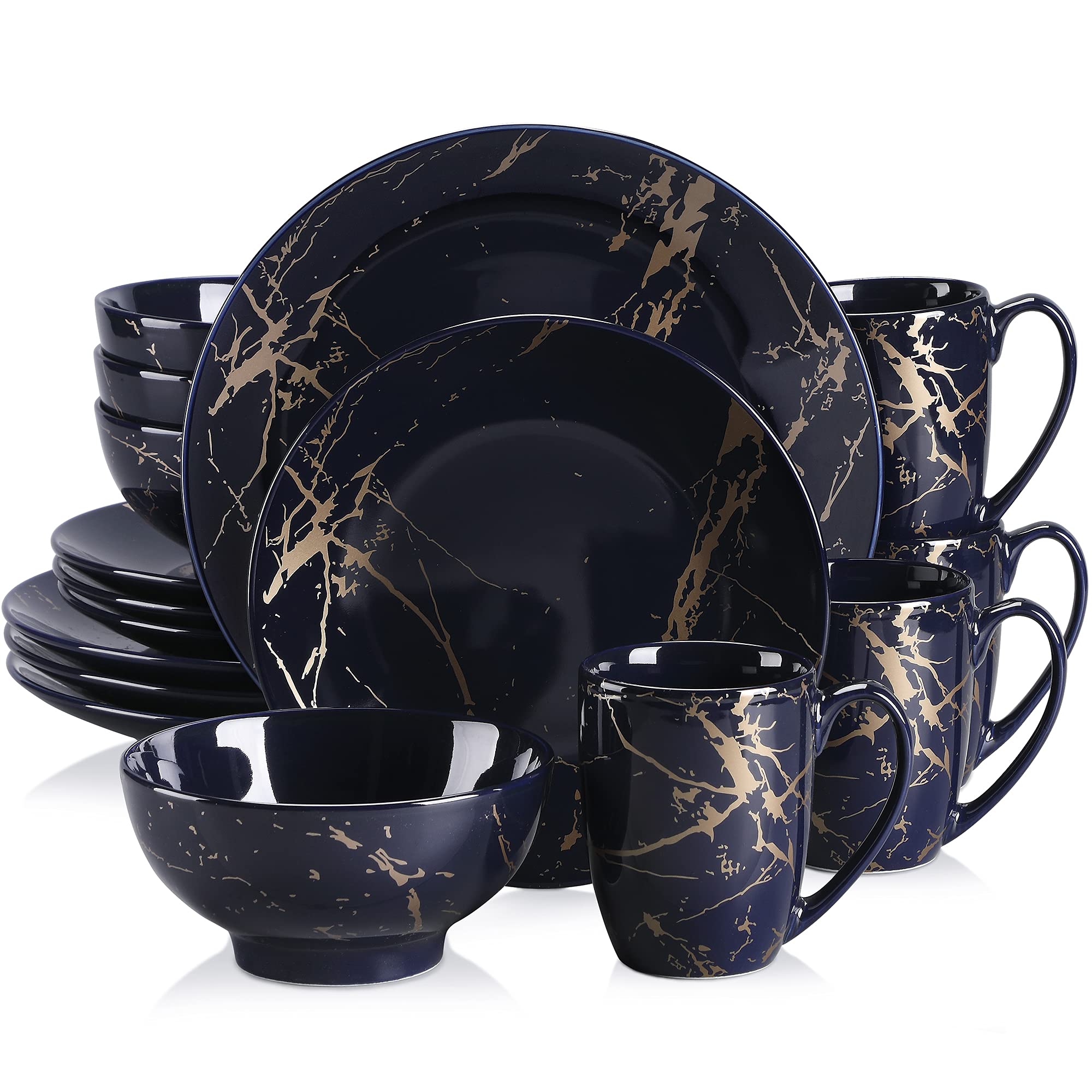 LOVECASA 'Daphne', 16 Pieces Porcelain Dinner Set Color Glaze with Gold Plate Crockery Set Kitchen Dinnerware Set with Dinner Plates, Dessert Plate, Bowls and Mugs, Service for 4, Blue