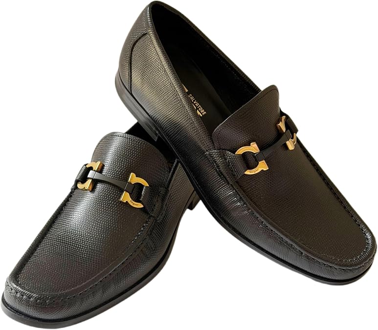 Ferragamo Grandioso2 Gancini Bit Pebble Black Leather Men's Loafers