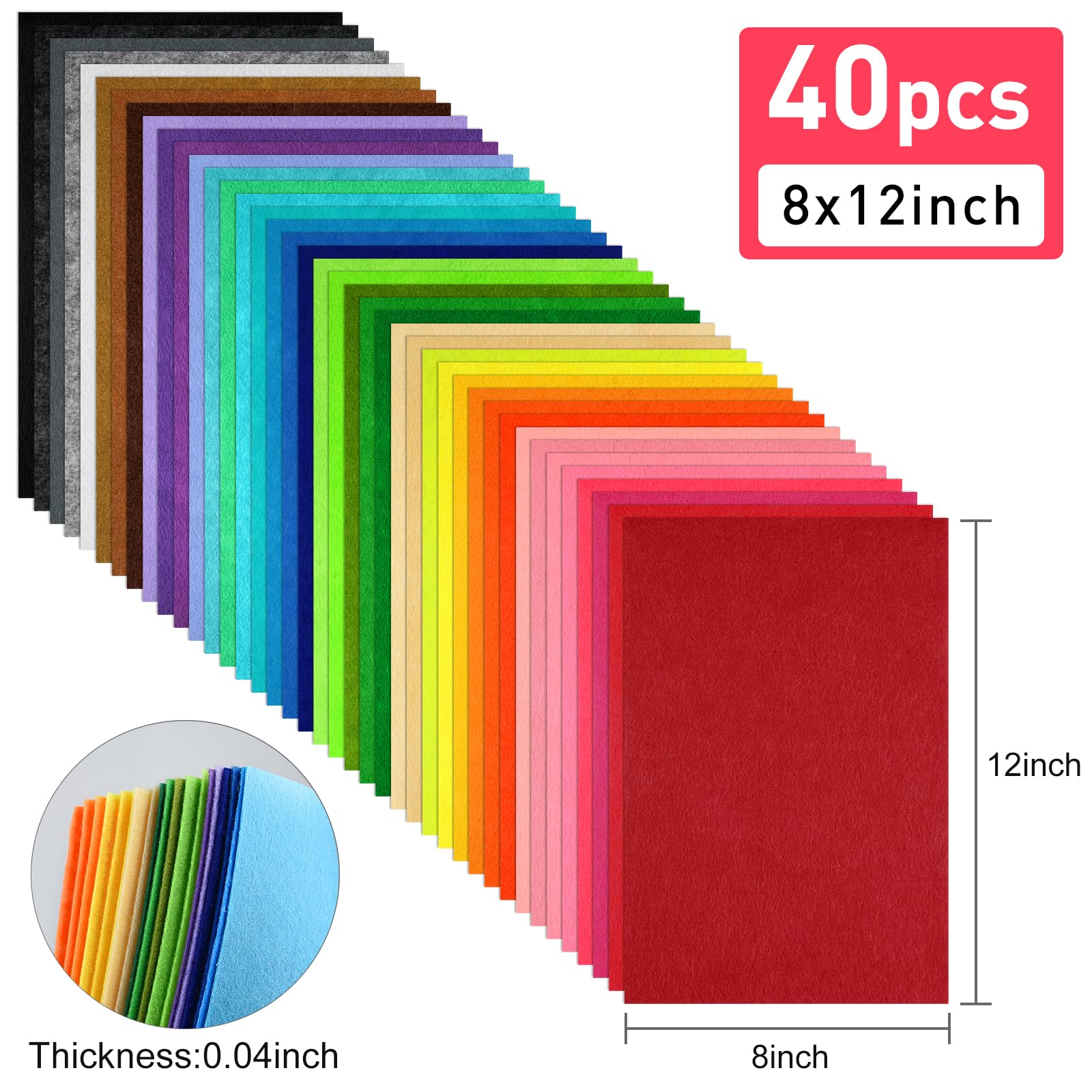 40 Pcs Soft Felt Fabric Sheet 8" x 12" Assorted Color Felt Fabric Sheets for Crafts DIY Handcraft Sewing Squares Patchwork Nonwoven