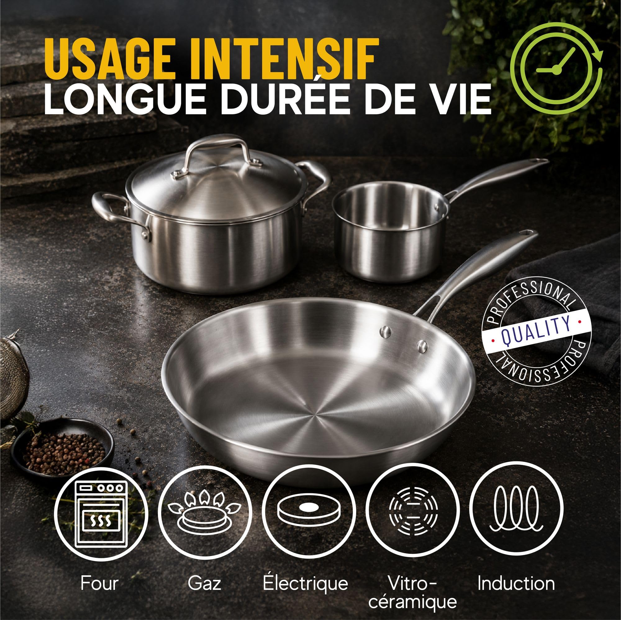 MENASTYL - 24 cm Trinox stainless steel stewing pot for all heat sources including induction with lid - 3-layer stainless steel/aluminium structure - Professional quality - Free from harmful