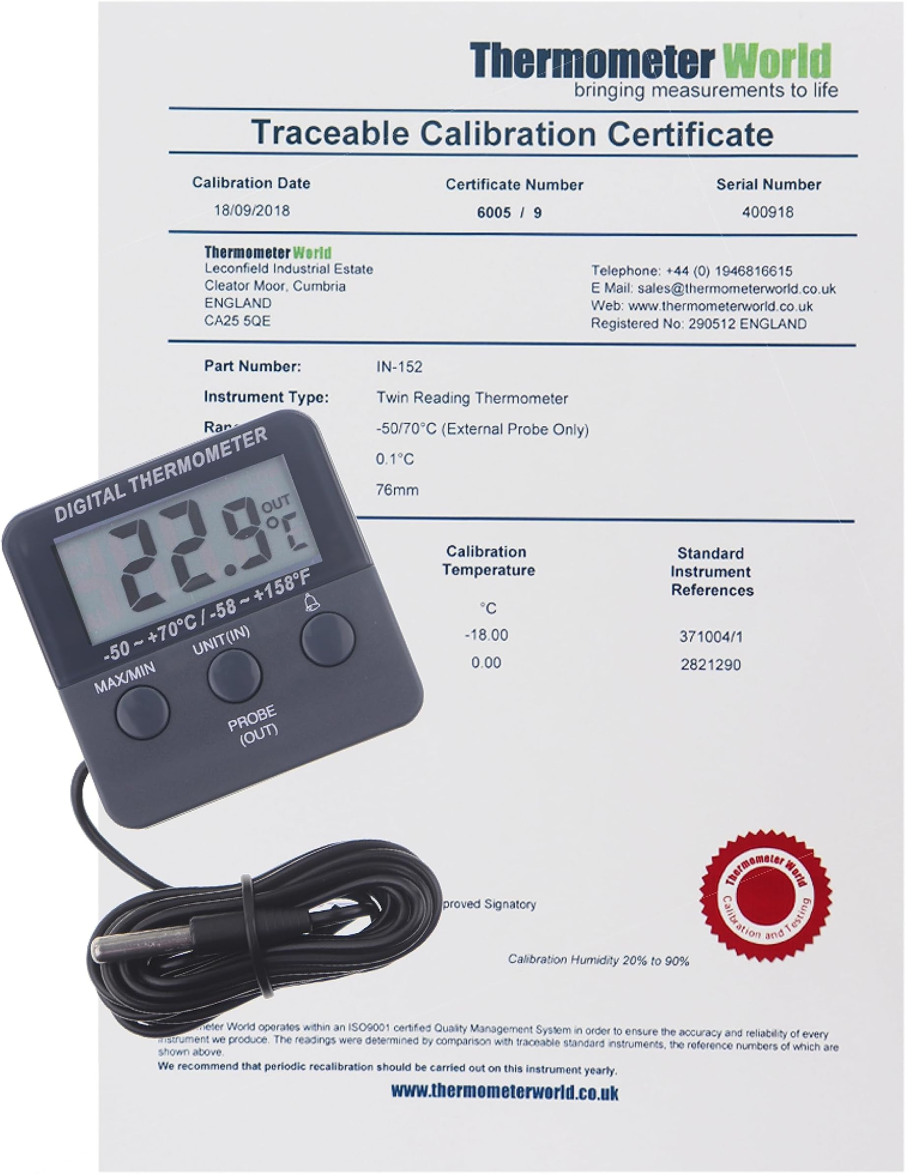 Calibrated Digital Fridge Freezer Thermometer with 2 Point Traceable Calibration Certificate