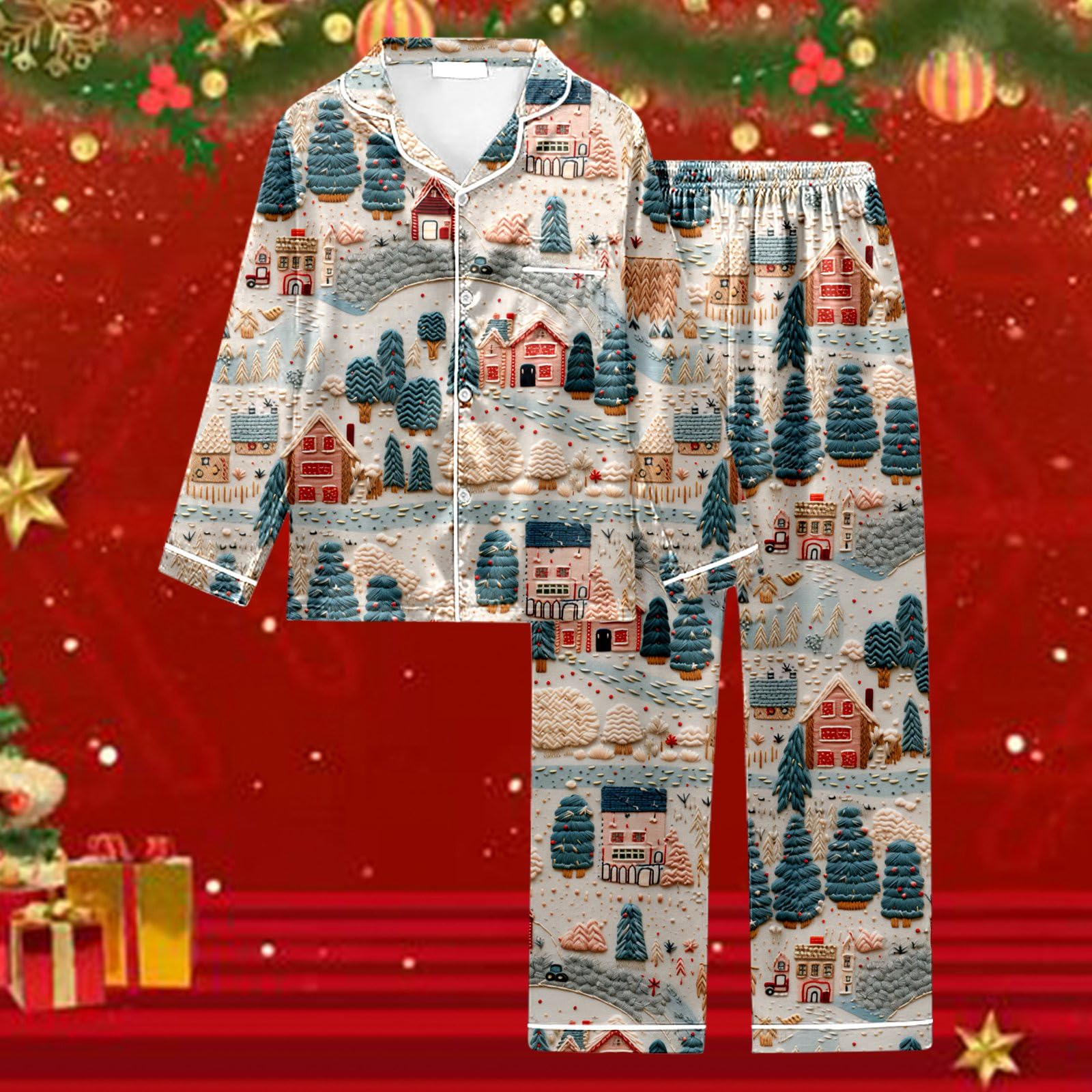CMBSSTFC Pigiama da Donna, Pigiama Natalizio Stampato da Donna, Pantaloni Lunghi Festivi e Top Combinato
