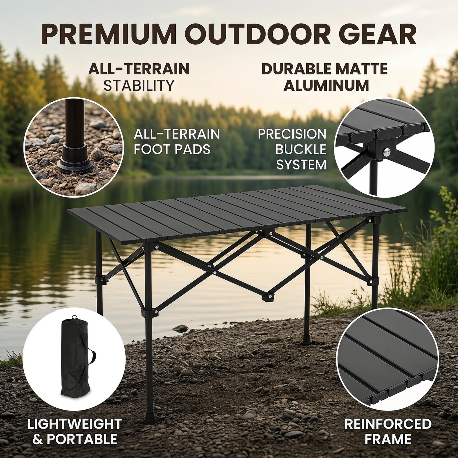 Table de camping pliable, plateau de table enroulable en acier au carbone, portable avec sac de rangement, dimensions 95 x 56 x 50 cm, pour pique-nique, jardin, cuisine, randonnée et voyage