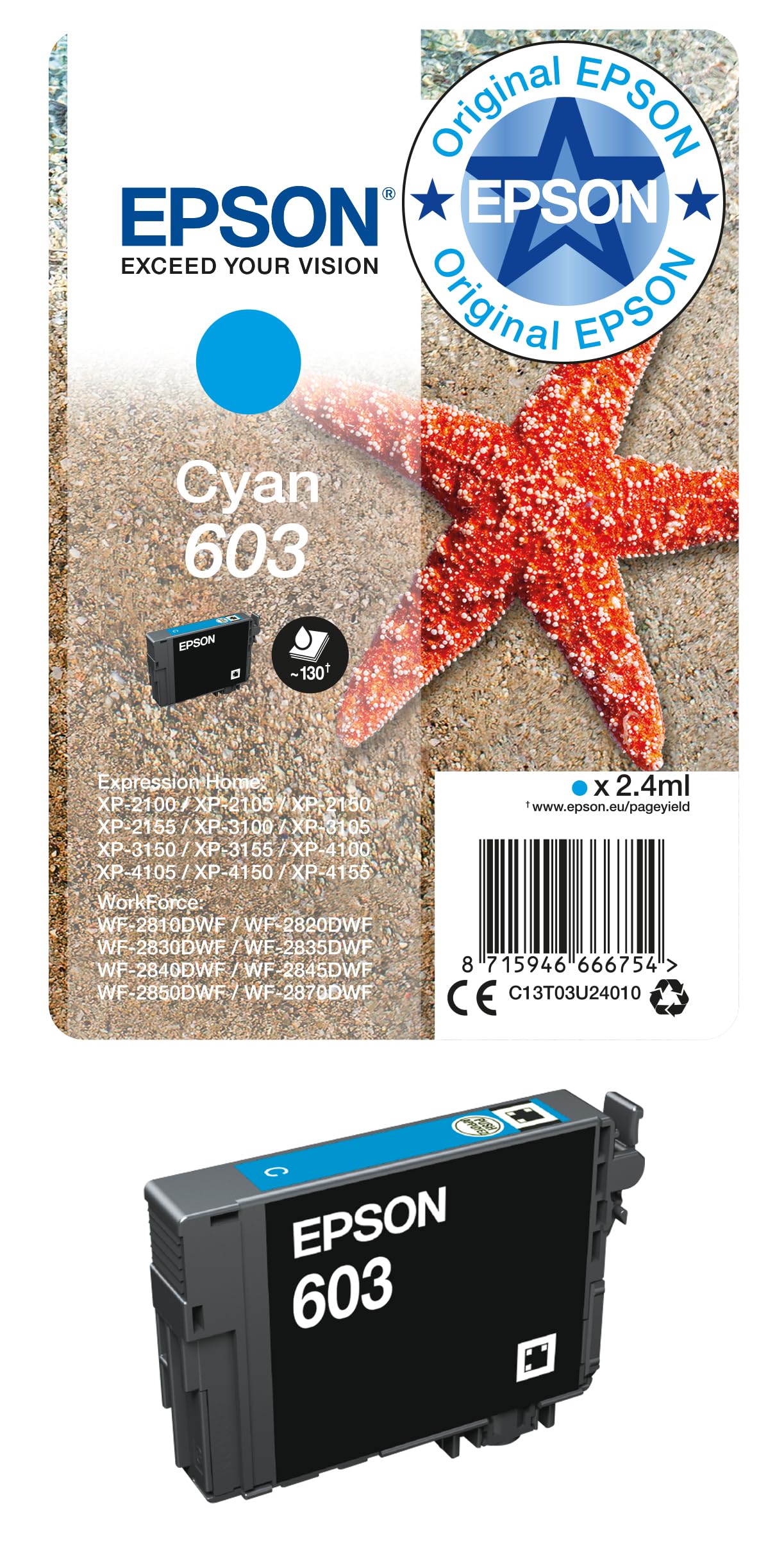 Epson Original 603 Tinte Seestern, Singlepack Cyan Standard, WF-2820DWF WF-2830DWF WF-2840DWF WF-2850DWF XP-2100 XP-2150 XP-3100 XP-3150 XP-4100 XP-4150, ReadyPrint Flex-Tintentarife