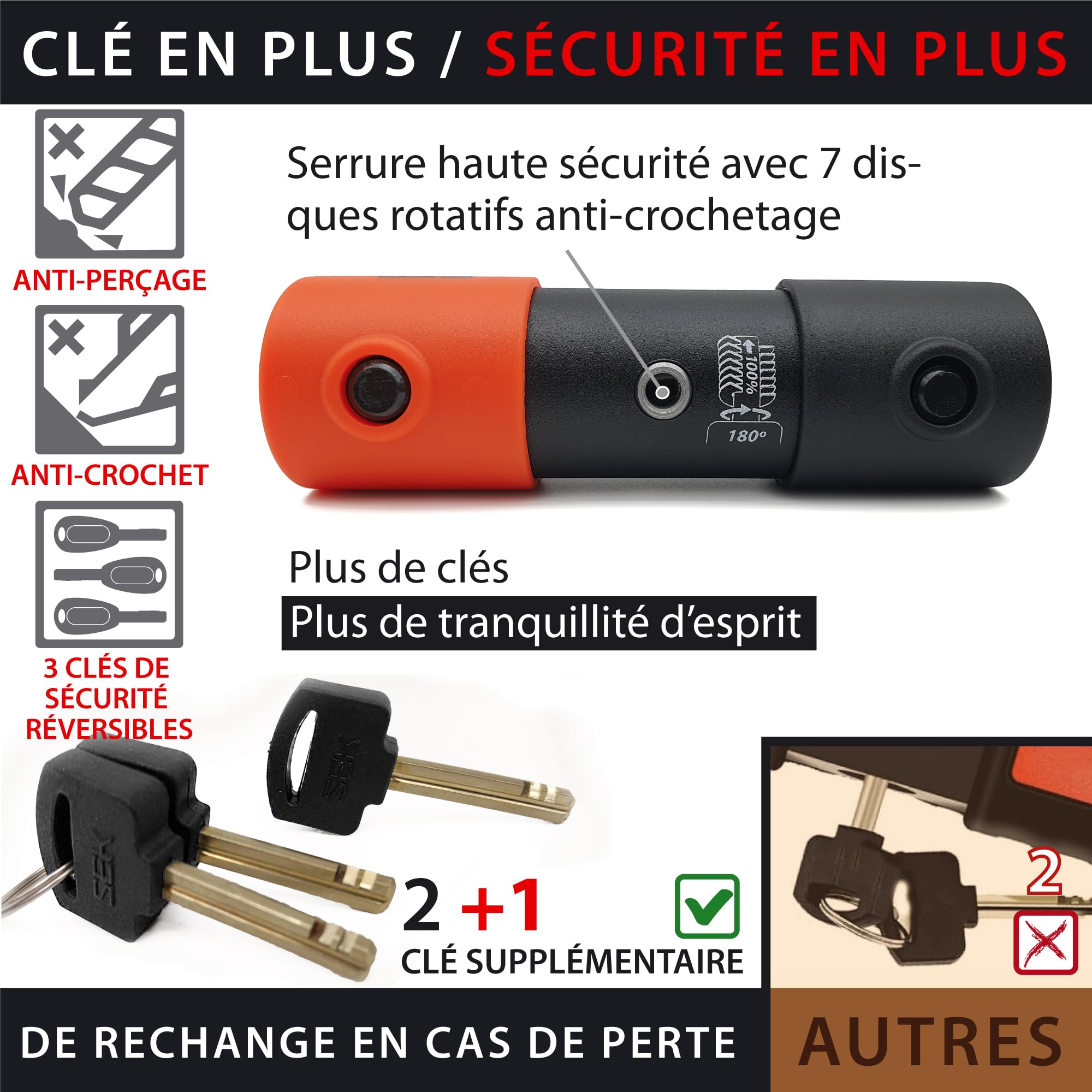 KRASER KR85L Antivol Moto Homologué SRA | Promo Model Plus Robust | U ø18mm Acier Cémenté, Double Verrouillage, 3 Clés Haute Sécurité Anti-crochetage, Recommandé Assurances, Antivol Vélo en U 85x300mm