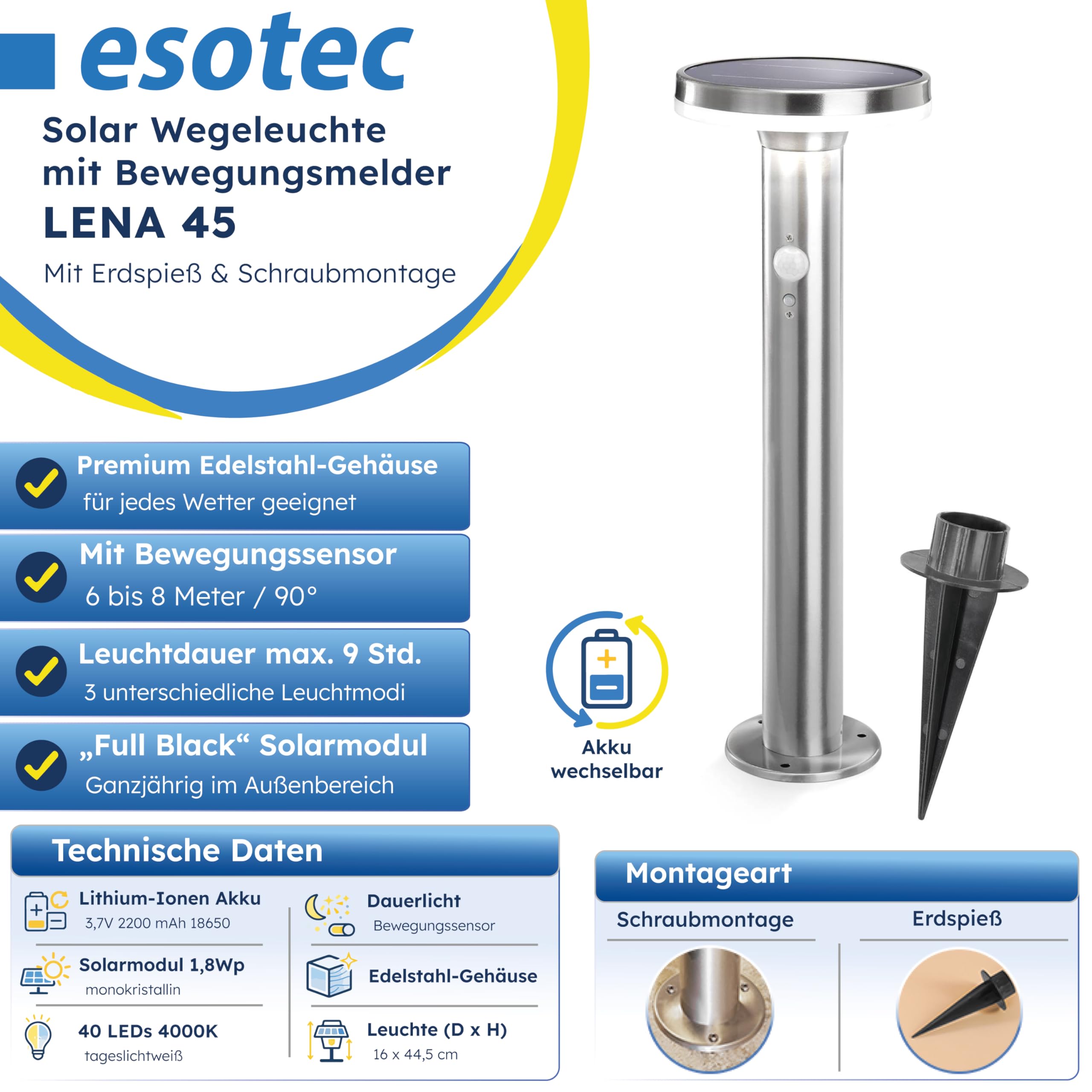 Esotec Solar Wegeleuchte Bewegungsmelder Lena 45 Pollerleuchte außen 102594