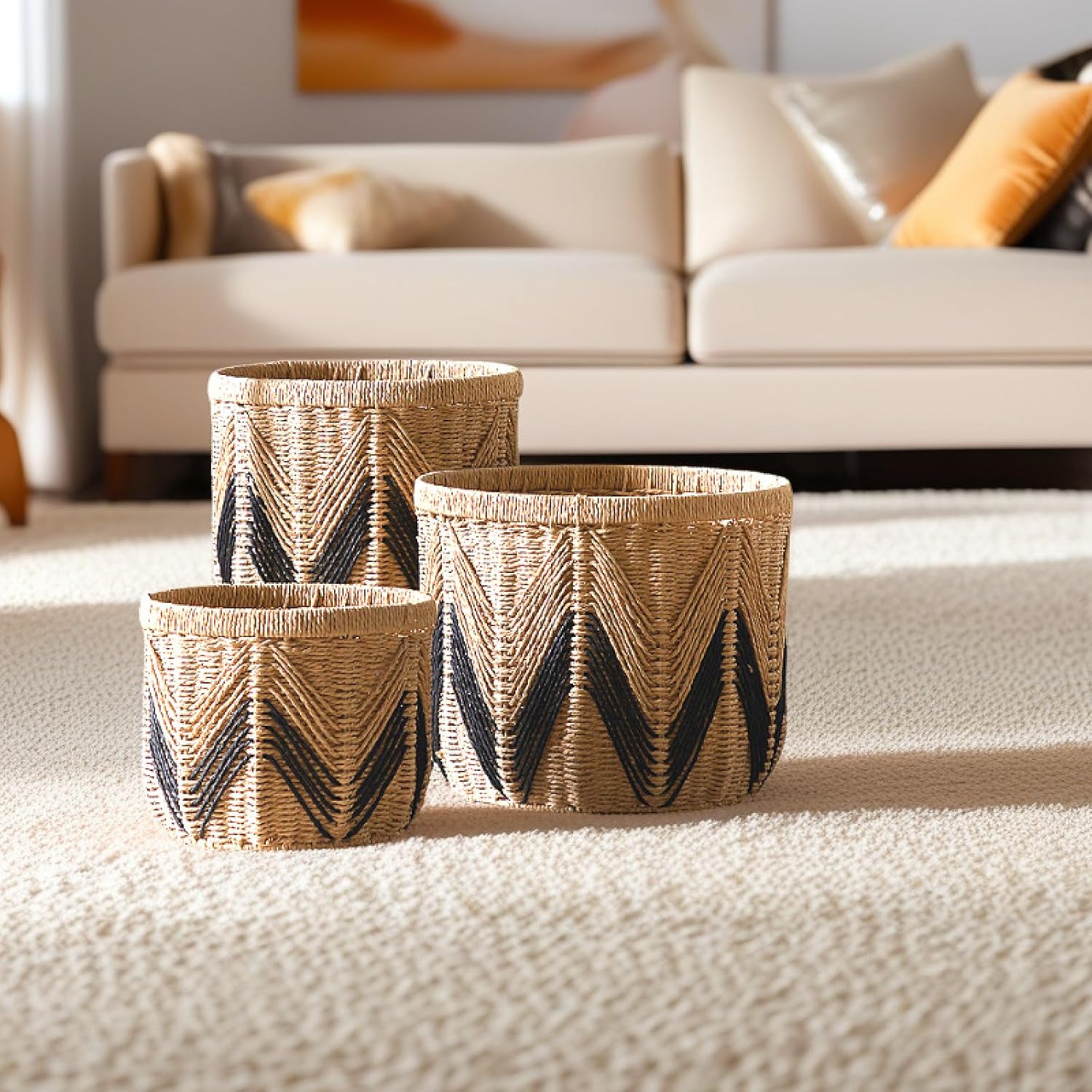 Handwoven Paper Rope Storage Basket, Natural Desk Organizer and Decorative Bin for Home, Eco-Friendly Round Tissue Box Cover Holder-27.5cm||S