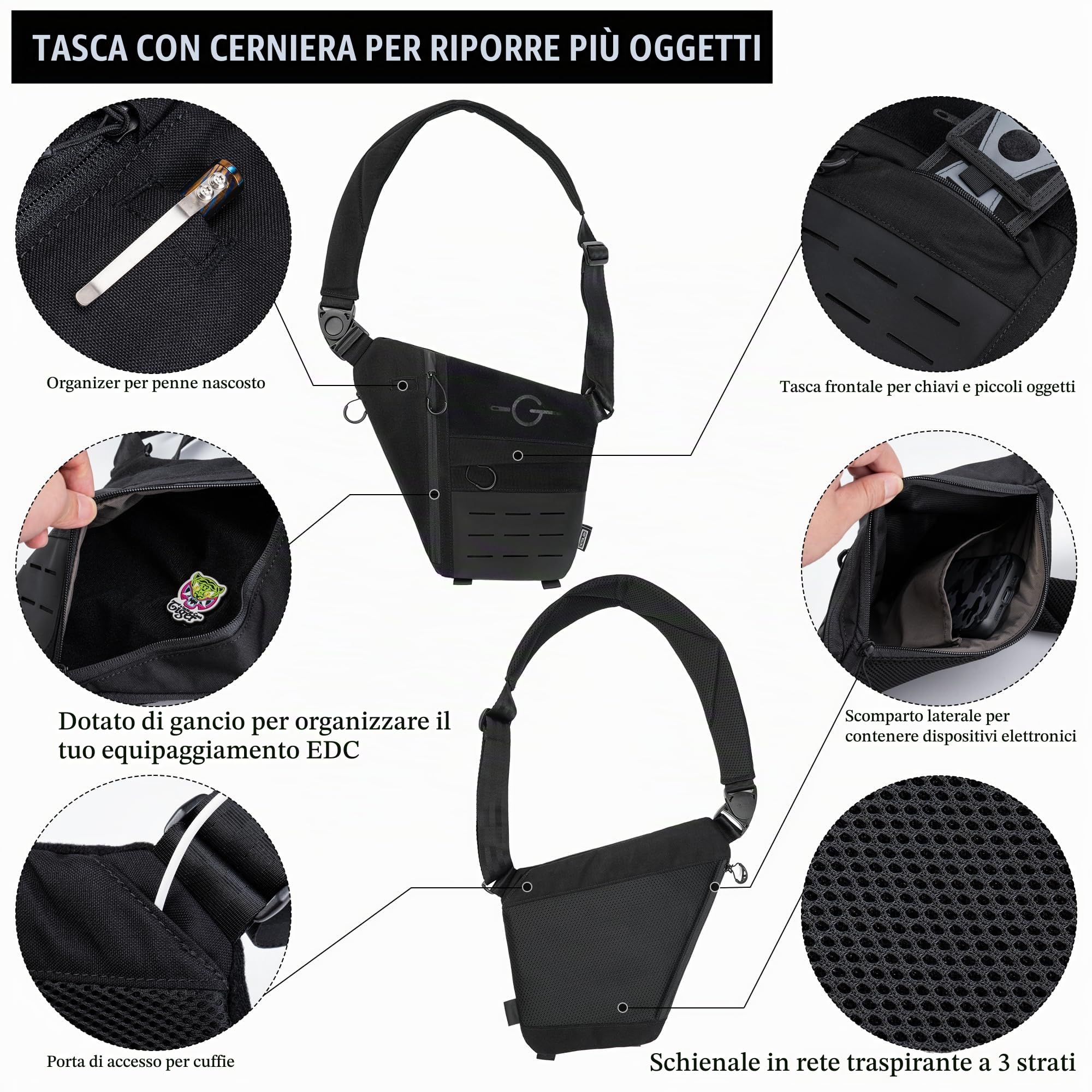 TACTICAL_GEEK Cache L1 Borsello Uomo Tracolla Multiscomparto Impermeabile Tracolla Uomo Antifurto Spalla Petto Borsa a Tracolla Unisex per Il Lavoro, i Viaggi, L'uso Quotidiano Marsupio Uomo Tracolla