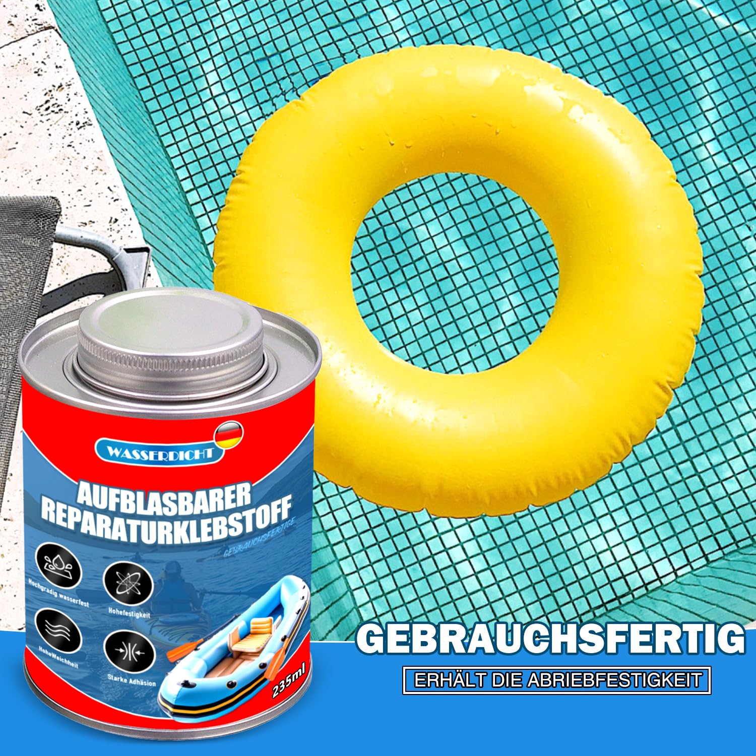 235ml Schlauchboot Reparatur Kleber Extra Stark, PVC Reparaturkleber, mit Pinsel und Anleitung, wasserdicht & transparent, für Zelte, Planen, Poolfolien, Dachbahnen & Outdoor-Ausrüstung