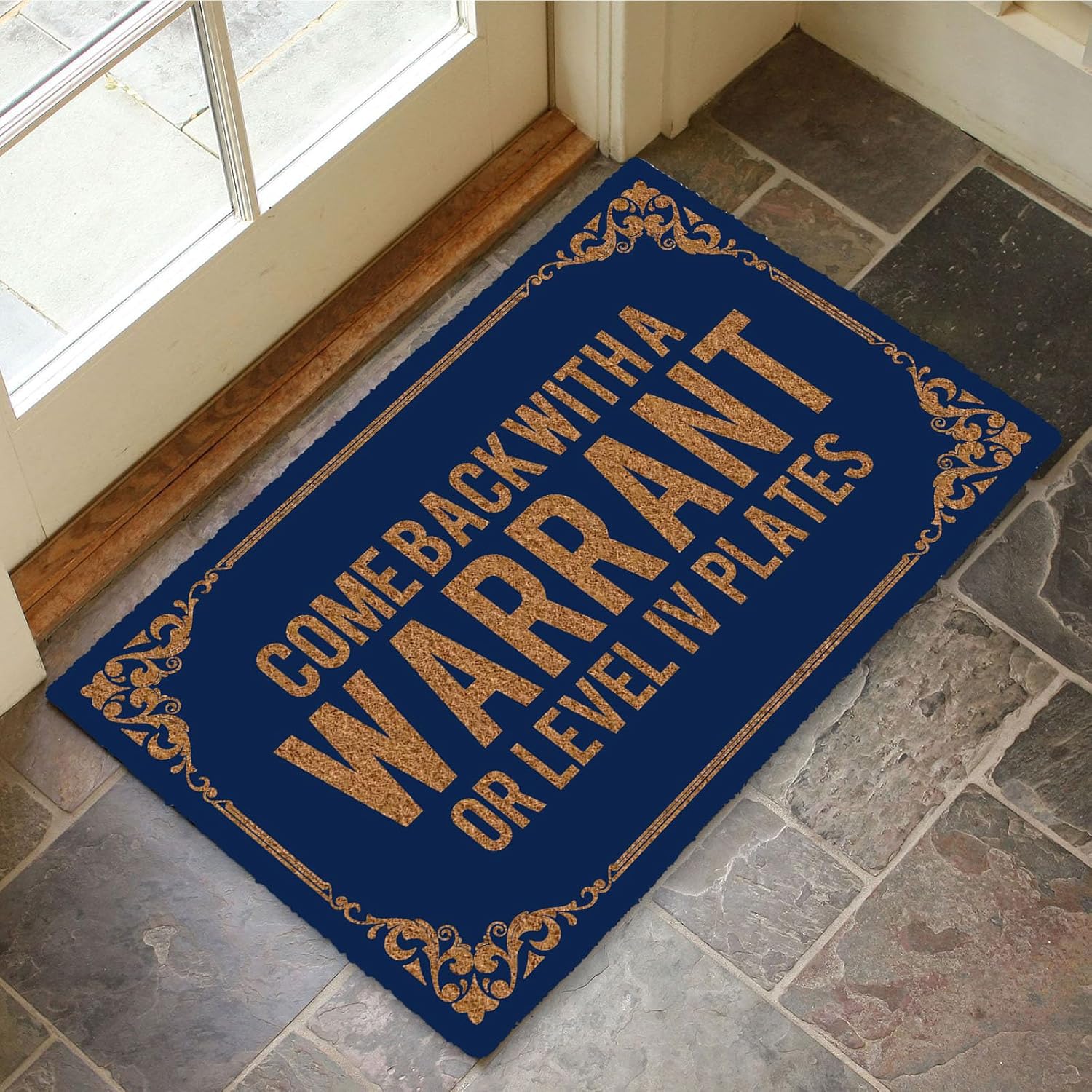 Come Back with a Warrant or Level Iv Plates - 30"x18" Machine Washable Door Mat, Low Profile Slip-Resistant Welcome Mats for Front Door, Weather-Resistant Rubber Backing, Funny Entry Rug