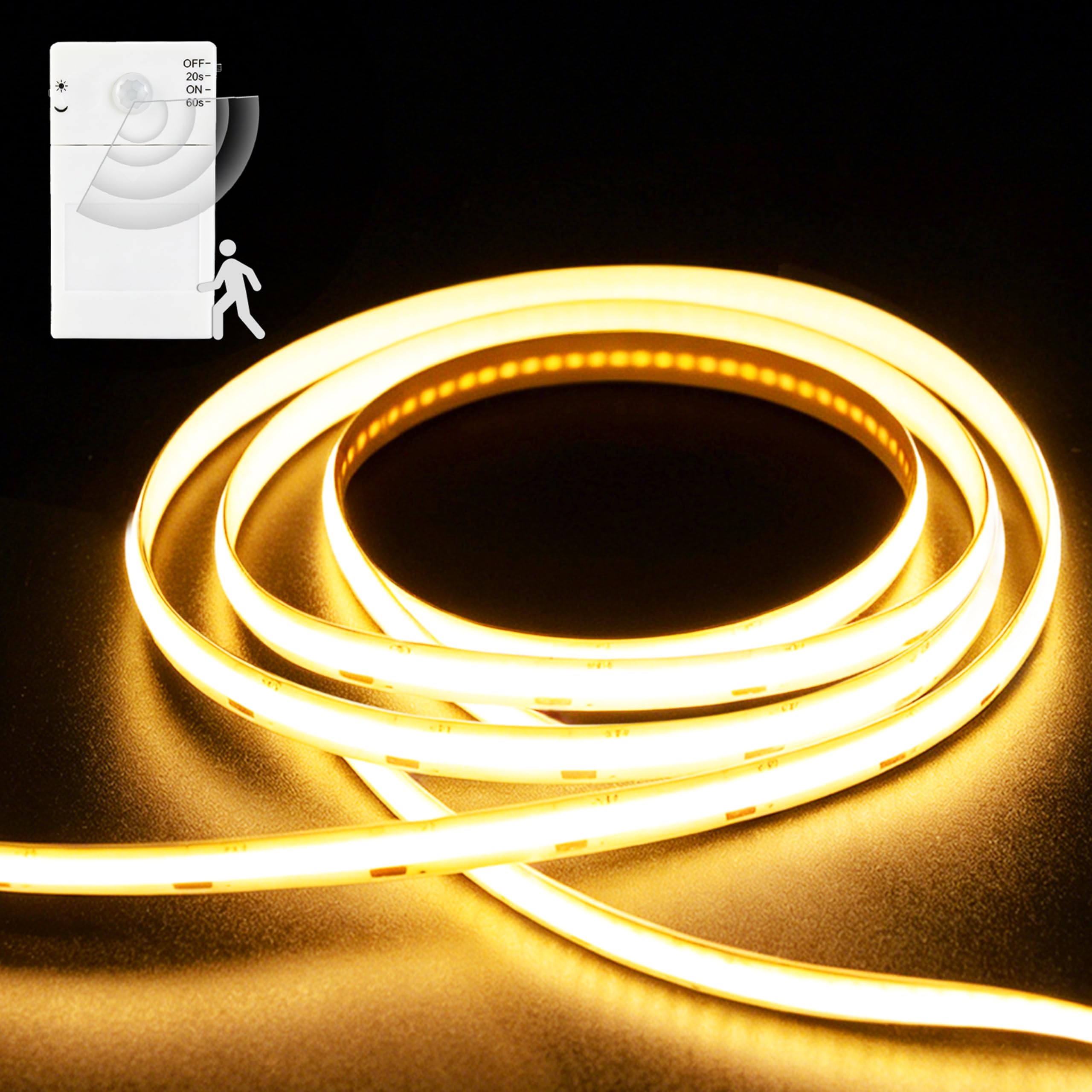 echosari COB LED Strip Lights Battery Powered, 1M Motion Sensor Under Cabinet Lights Strip with Day & Night Modes Timer Self-Adhesive for Kitchen Cabinets Stairs (Warm White)