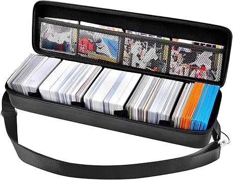 Comecase Large Card Storage Box for Sports Cards - Hard Shell Carrying Case for Baseball, for Football, for Basketball Cards - Holds 1600+ Cards with Adjustable Strap and 4 Dividers- Black
