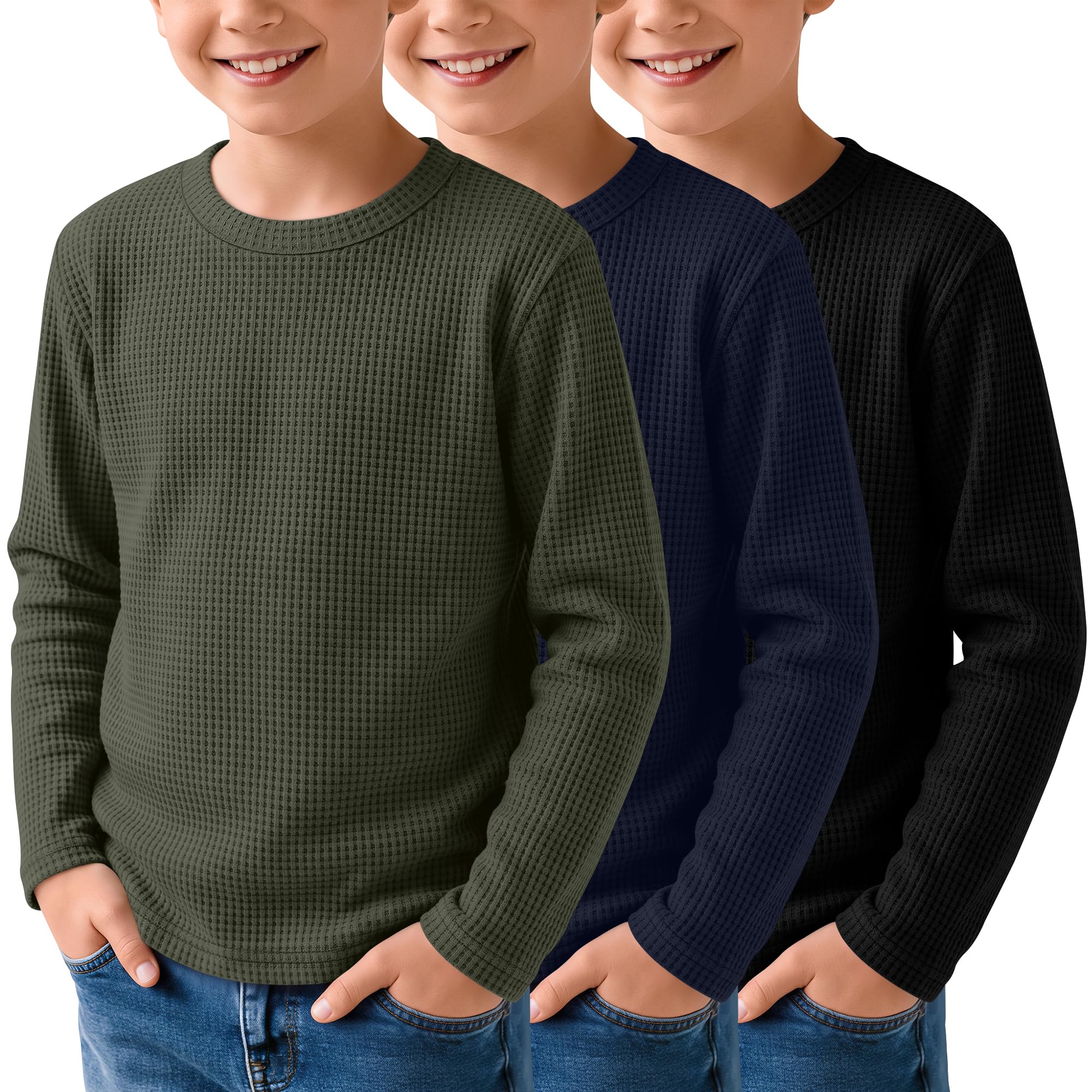 3 Pack Boys Waffle Shirts Kid Long Sleeve Warm Tops