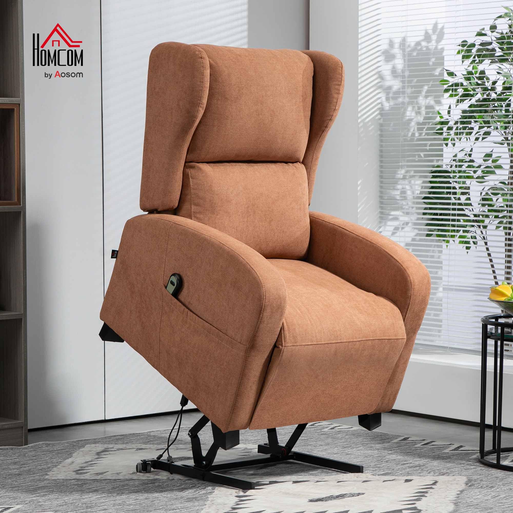HOMCOM Poltrona Elettrica Alzapersona Reclinabile 160° con 2 Ruote Universali, Poltrona Relax Elettrica in Tessuto con Telecomando, Poggiapiedi e Tasche Laterali, Marrone Scuro