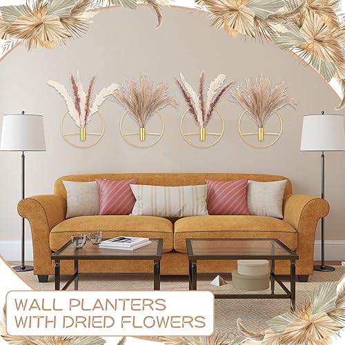Miniatura 7 de Bokon 4 macetas colgantes redondas en forma de diamante dorado con plantas artificiales, soporte decorativo de metal para plantas de pared, jarrón