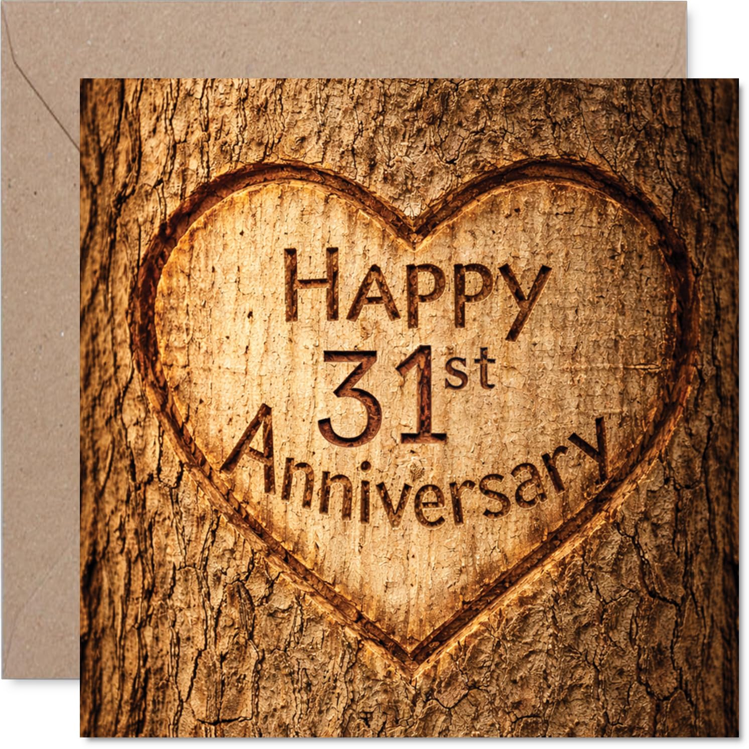 Heartfelt 31st Anniversary Card - Rustic Charm for a Special Milestone - Wooden Heart Motif with Warm Brown Tones - 145mm Square, Envelope Included
