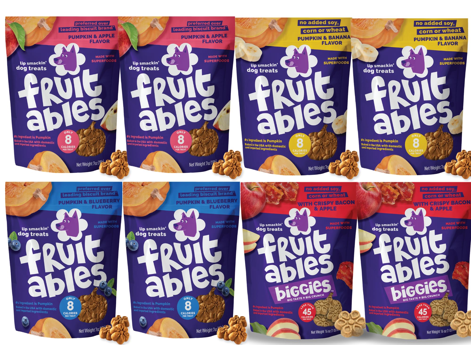 Baked Dog Treats - Pumpkin Treats for Dogs - Healthy Low Calorie - Free of Wheat, Corn and Soy - Pumpkin & Crispy Bacon Apple, Blueberry, Apple, Banana - 12 Oz (Variety Pack of 8)