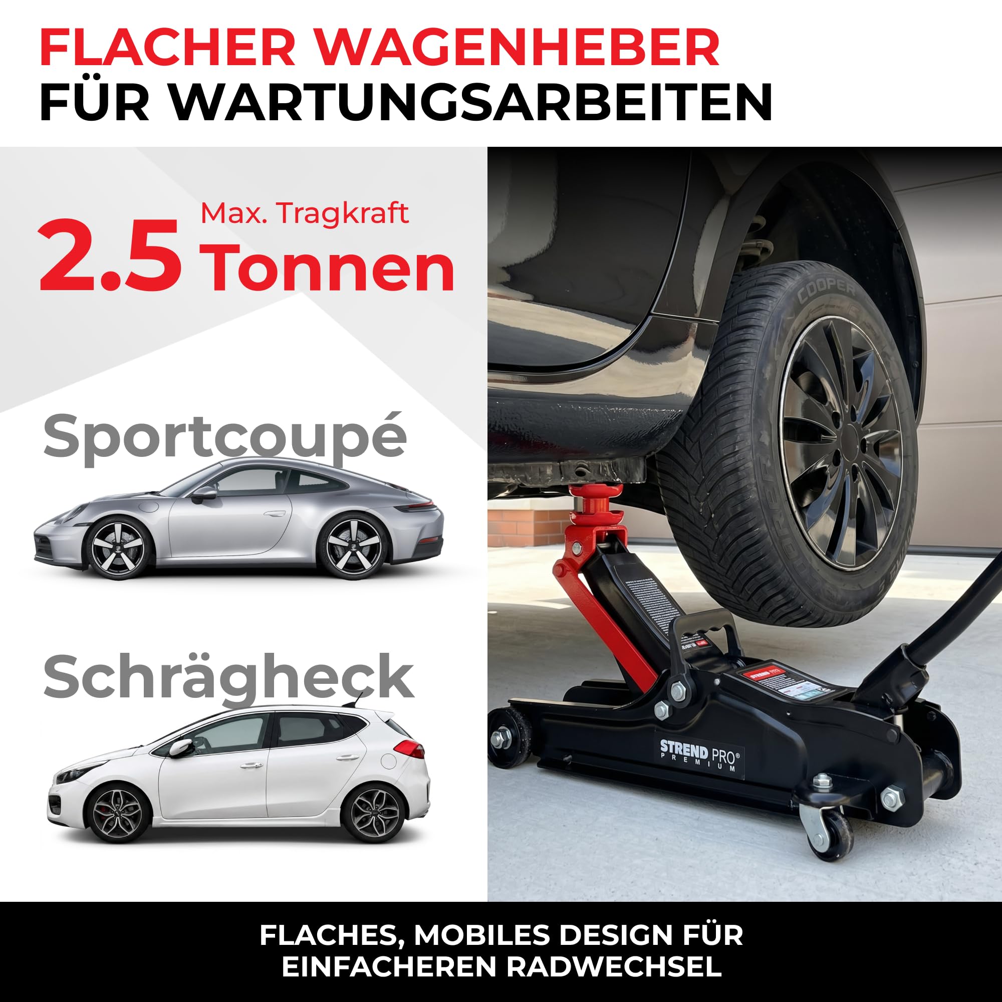 STREND PRO Premium Rangierwagenheber 2,5 t, hydraulischer Wagenheber flach, 80-360 mm Hubhöhe, fahrbar, mit Gummiadapter, niedrige Bauform für PKW