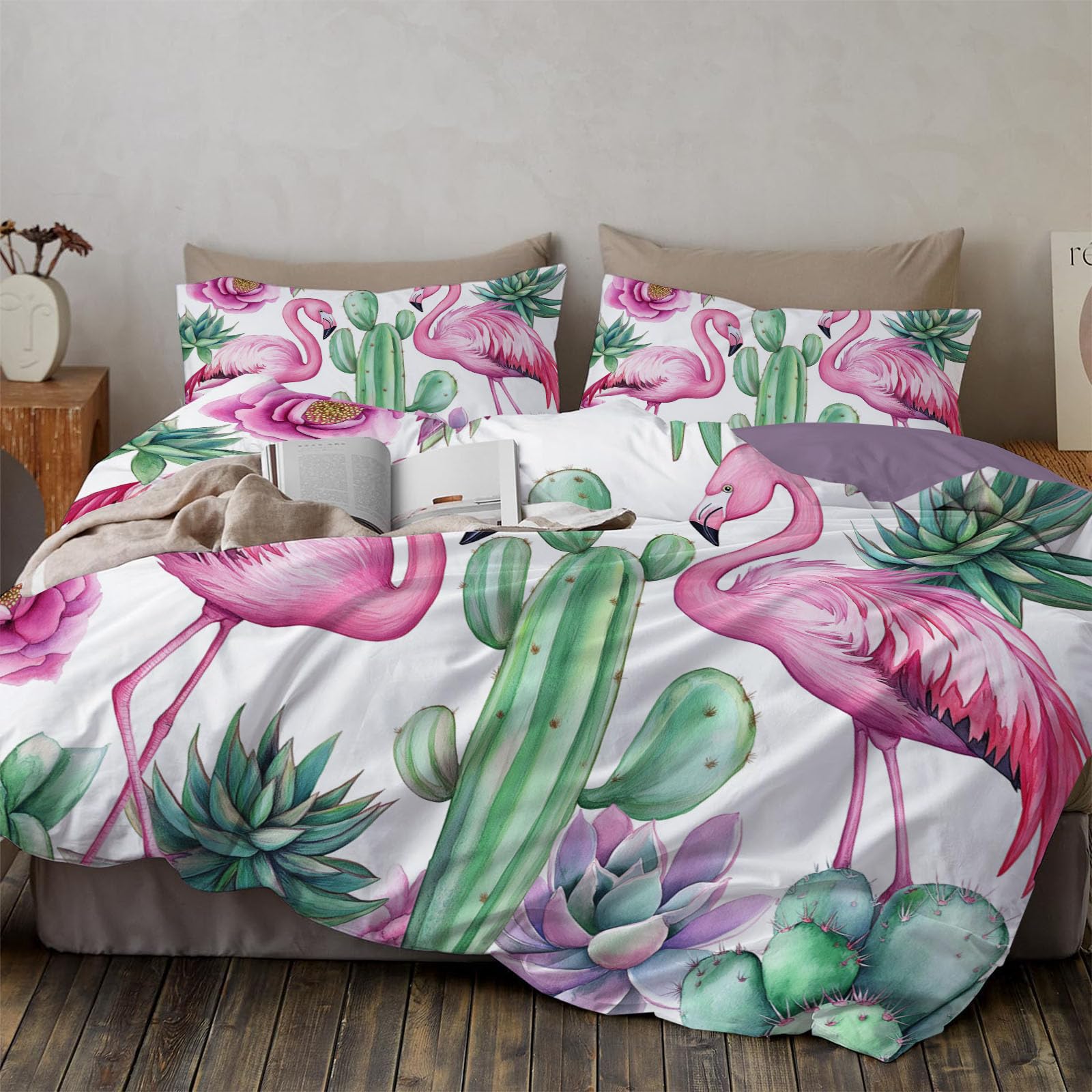 Housse de couette imprimée feuilles et flamant en tissu premium