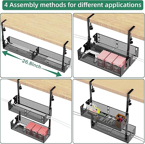 Miniatura 5 de Multi-Model Under Desk Cable Management 2 Pack Metal Under Desk Wire Management Tray Clamp Mount Under Table Cord Management No Damage The Desk