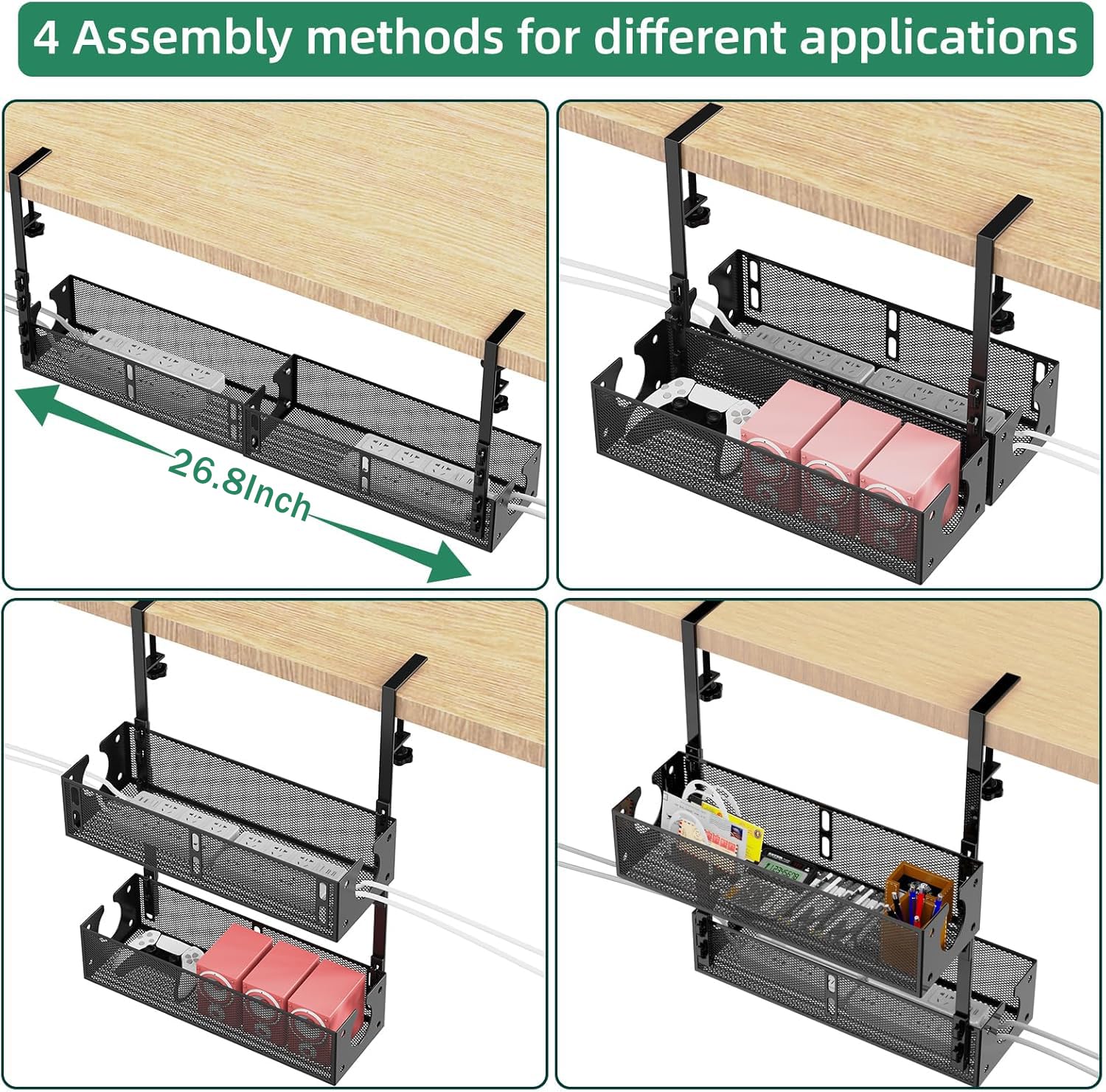 Organizador de cables multimodelo, paquete de 2 unidades de metal para debajo del escritorio, bandeja de gestión de cables debajo de la mesa, sin dañar el escritorio