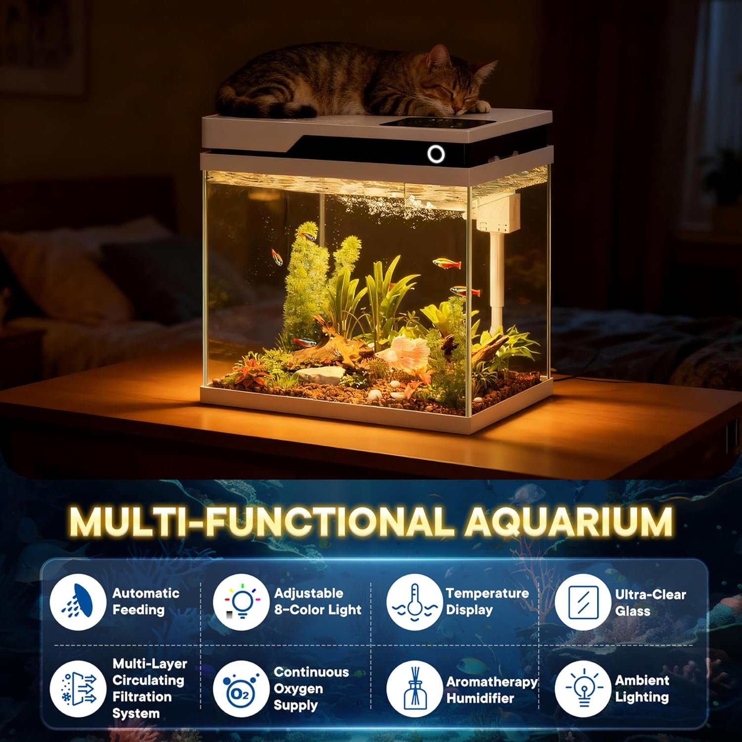 Vehipa Fish Tank, Smart Fish Aquarium Kit 4 Gallon with Auto Feeder, Humidifier, 4-in-1 Silent Pump, Temperature Display & Adjustable Lighting for Desktop, Office, Room White 4 Gallon