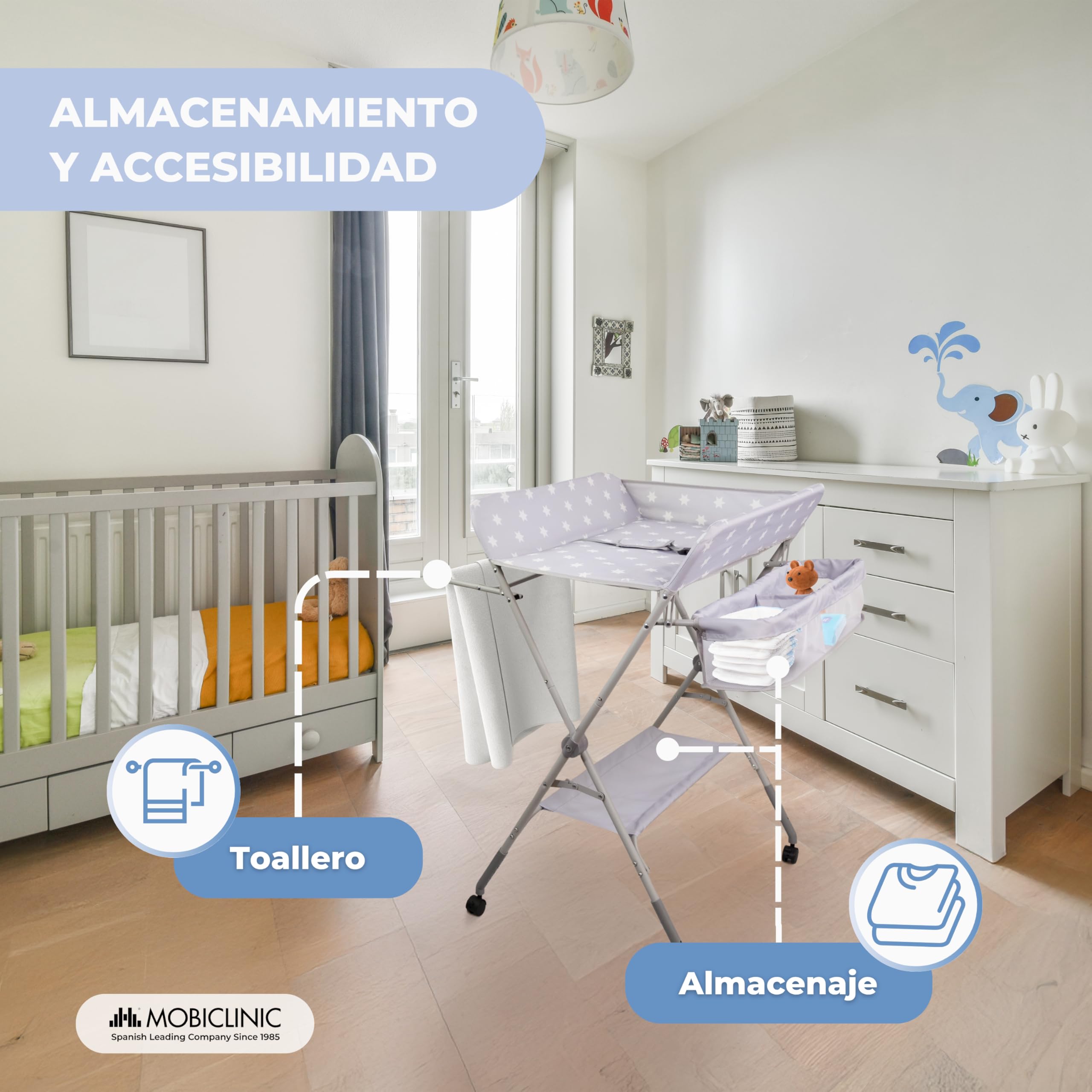Mobiclinic®, Cambiador Bebé, Plegable, Regulable en Altura, Hasta 15 Kg, 0-36 Meses, Organizador de Pañales, Ruedas 360º con Freno, Arnés y Valla de Seguridad, Funda Lavable, Almacenaje, Zoey