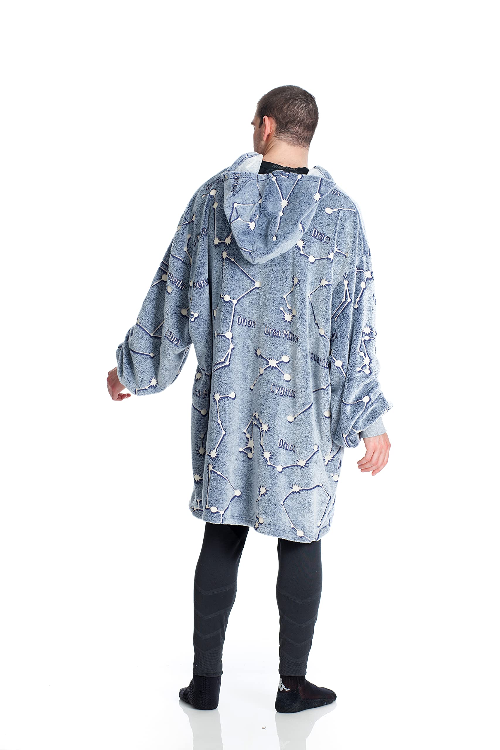 Kanguru Kangurone GLOW Butterflies Hoodie Fleece deken sweatshirt met, Oversized Draagbare Deken Glow in the Dark Vlinders met bonteffect, Grijs, voor Volwassenen Mannen Vrouwen maat 95x95cm