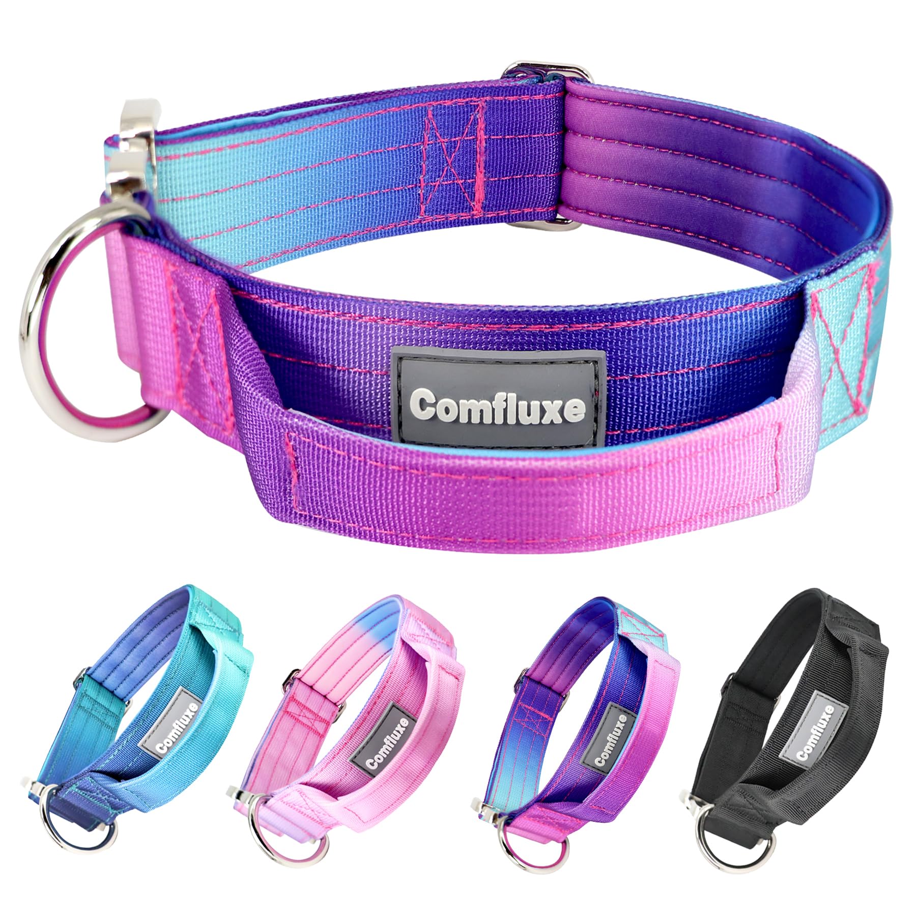Comfluxe Tactical Dog Collar, Wide Thick Heavy Duty Dog Collar with Handle, Soft Neoprene Padded Military-Grade Nylon Training Collar with Quick Release Metal Buckle for Large Dogs(Purple, L,XL)