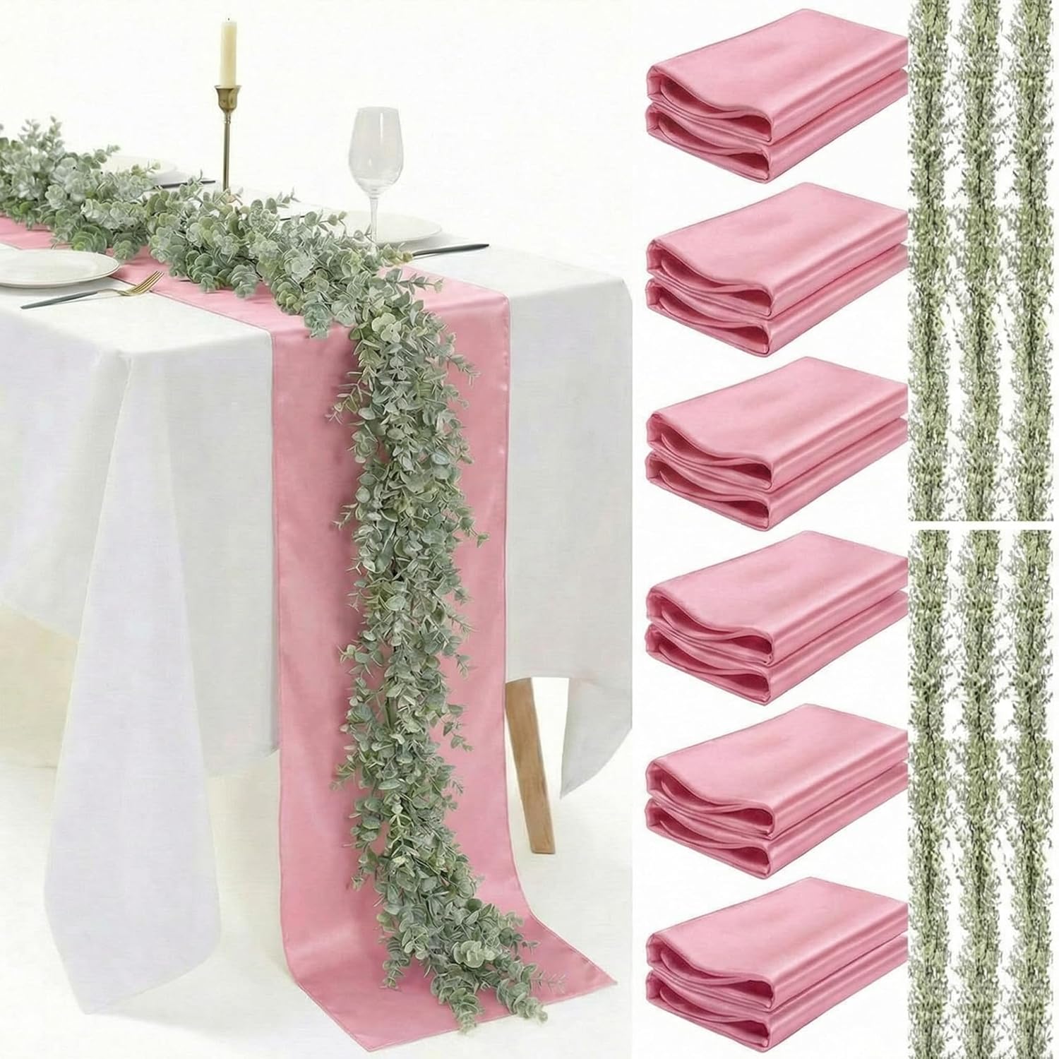 Zeyune 12 Sets Sage Green Cheesecloth Table Runner 108x12 Inch with Artificial Eucalyptus Garland Bulk Boho Polyester Table Runner for Wedding Centerpiece Baby Shower Birthday Party Decor