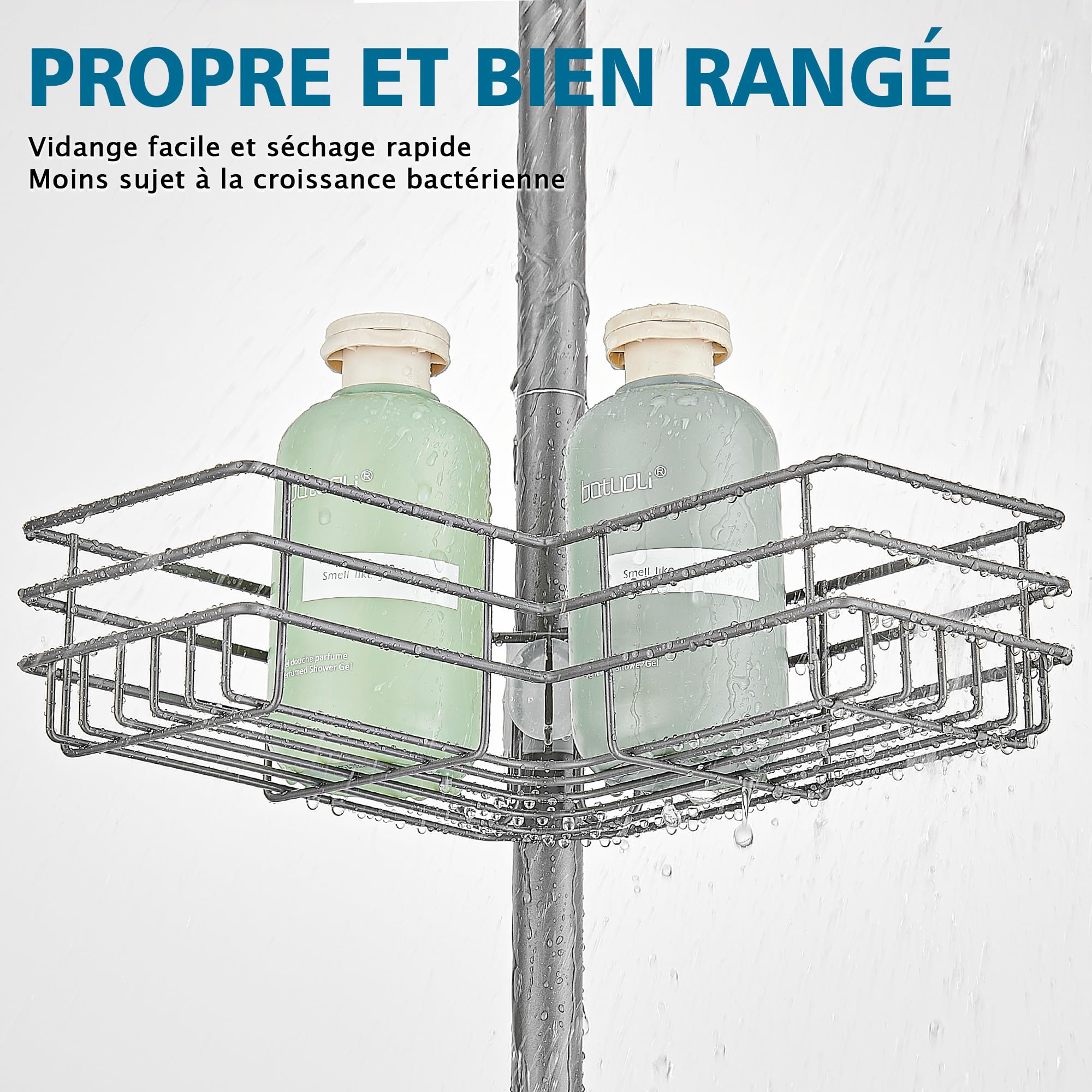 Etagere Douche Telescopique Rangement Salle de Bain Sans Percage Acier Inoxydable avec 4 plateaux, Reglable Hauteur 85-325cm, convient pour Baignoire et Cuisine, Gris