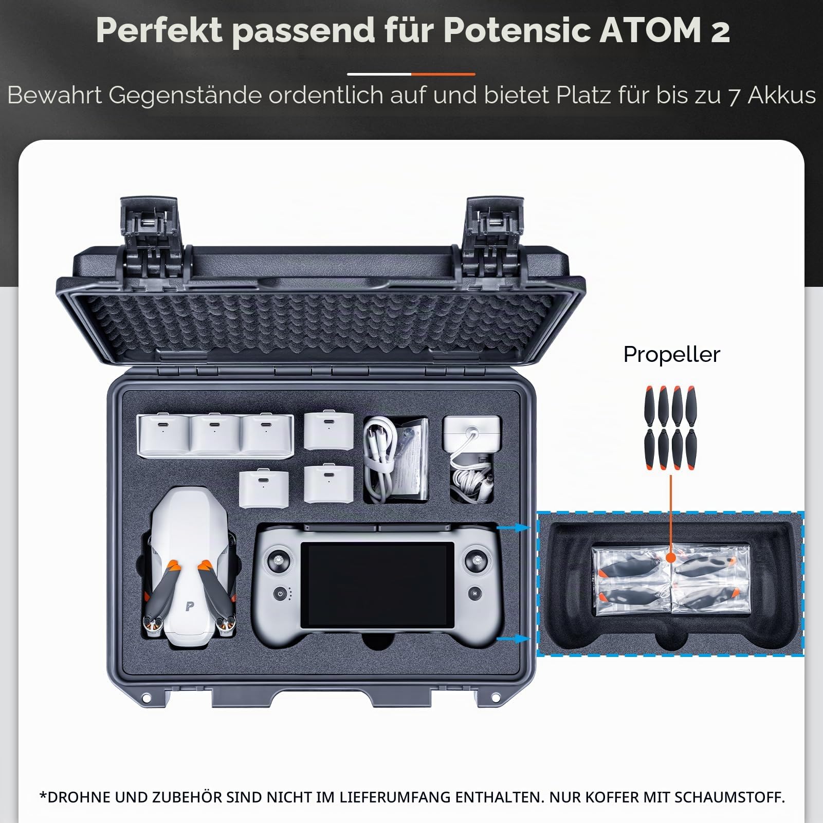 Lykus Titan AM110 Wasserdicht Tasche/Koffer/Case für Potensic Atom 2 und PTD 1 RC,Unterstützt 7 Akkus[NUR Koffer]