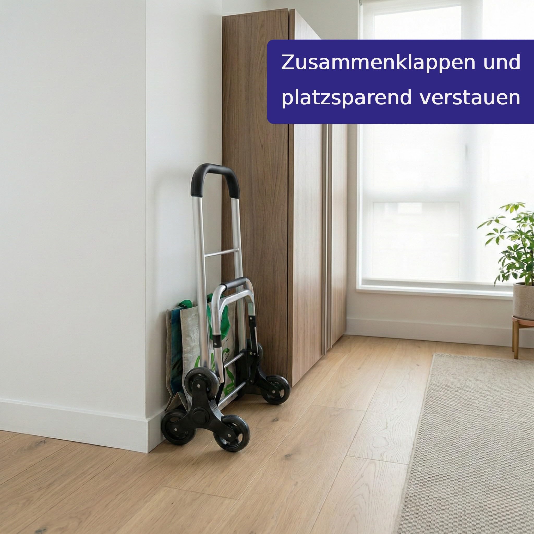 Einkaufstrolley Treppensteiger 64L groß, Einkaufswagen mit Dreirad klappbar, Trolley mit Kühlfach bis 60kg, Einkaufstasche mit Rollen und Reflektor, Handwagen schwarz