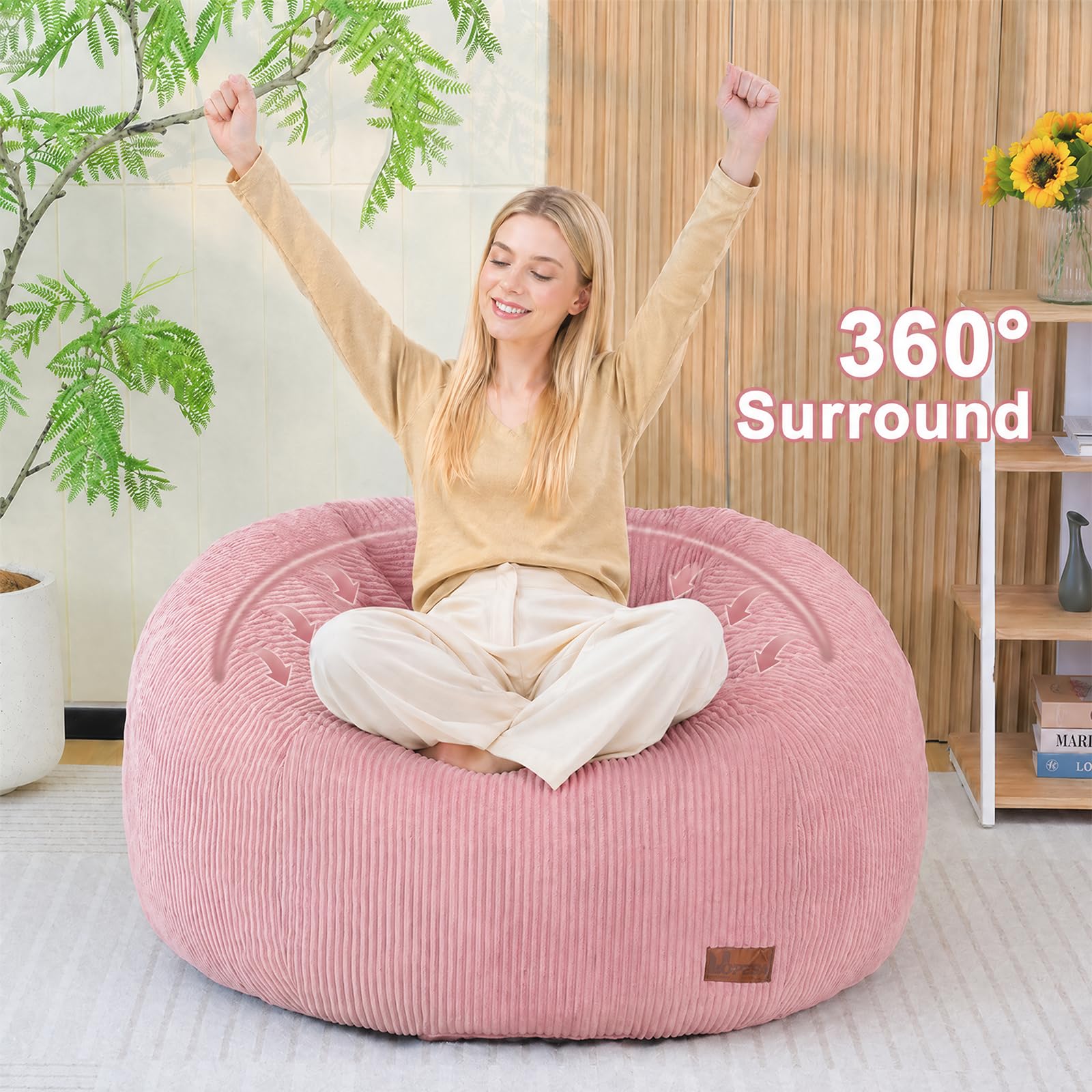 Runder Sitzsack, Cord Bean Bag Chair mit Füllung für Erwachsene & Kinder, Gemütlicher Lounge Sessel Relaxliege für Wohnzimmer, Schlafzimmer(M-Rosa)