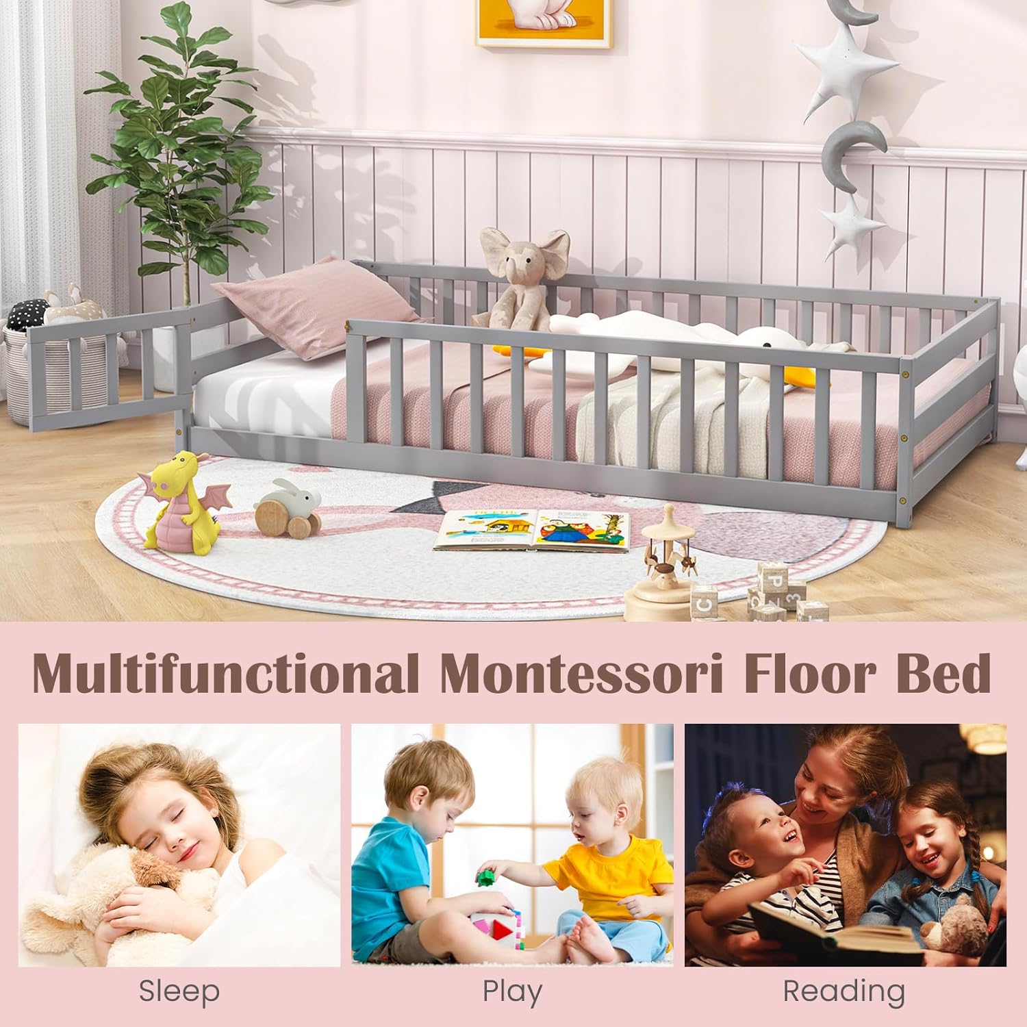 Giantex Twin Floor Bed with Fence for Kids, Wood Montessori Frame with Door and Safety Guardrails, Floor Bed for Kids, Boys, Girls, No Box Spring Needed, Without Wood Slats(Grey)