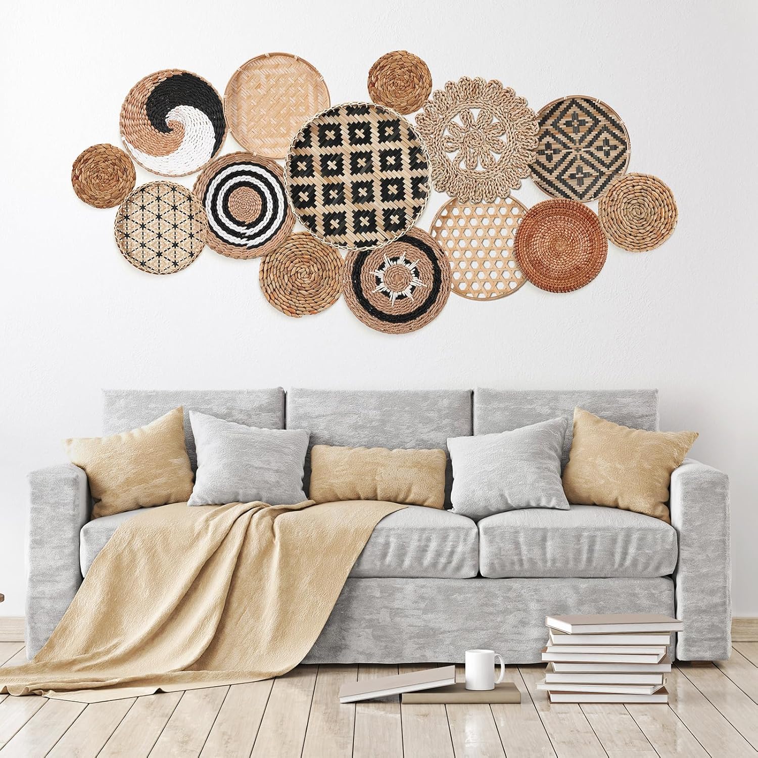 Geetery Set of 14 Boho Wall Basket Decor Round Flat Bamboo Rattan Basket Decorative Hanging Woven Basket with Macrame Tassels Handmade Wall Tapestry for Bedroom Living Room Kitchen Farmhouse Crafts