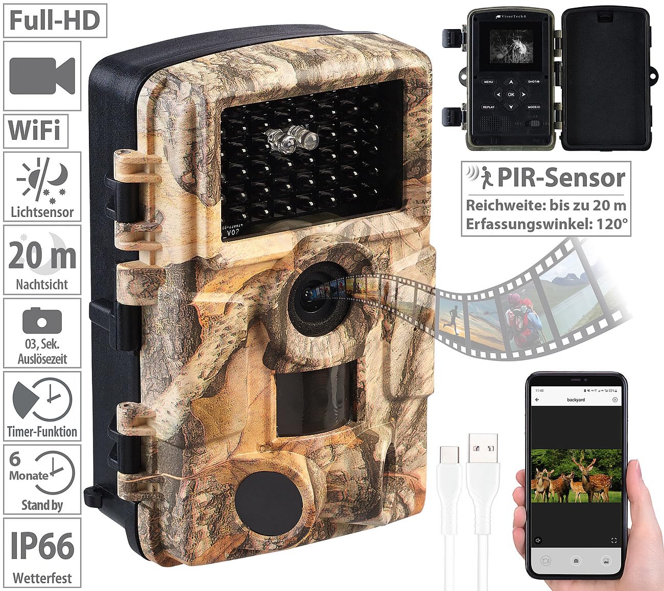 VisorTech Wildtierkamera: WLAN-Full-HD-Wildkamera mit 120°-PIR, Nachtsicht, 6 Mon. Stand-by, App (Wildtierkamera Nachtsicht, Nachtkamera Tiere, IP)