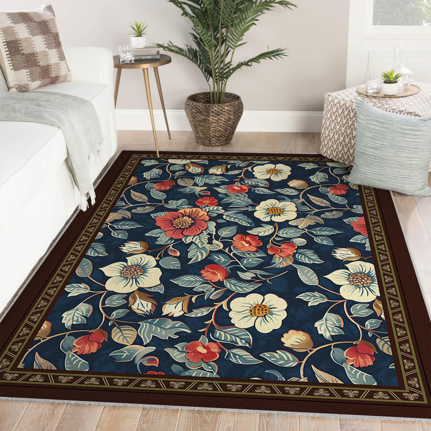 Grand tapis antidérapant floral pour un salon chaleureux et une chambre cosy