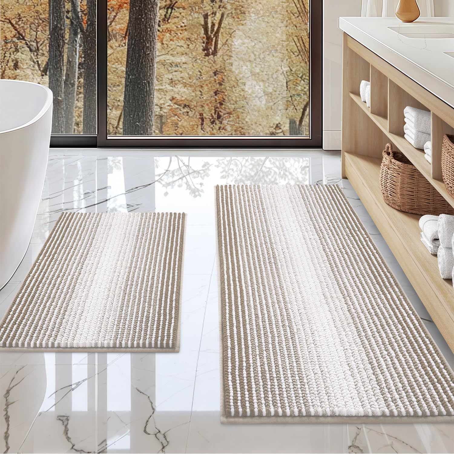 BSICPRO Bathroom Rugs and Mats Sets, 2 Piece Thick Absorbent Chenille Non Slip, Soft Shaggy Floor Mats, Machine Washable (Light Taupe, 20" x 47" Plus 16" x 24") 20" x 47" Plus 16" x 24" Light Taupe