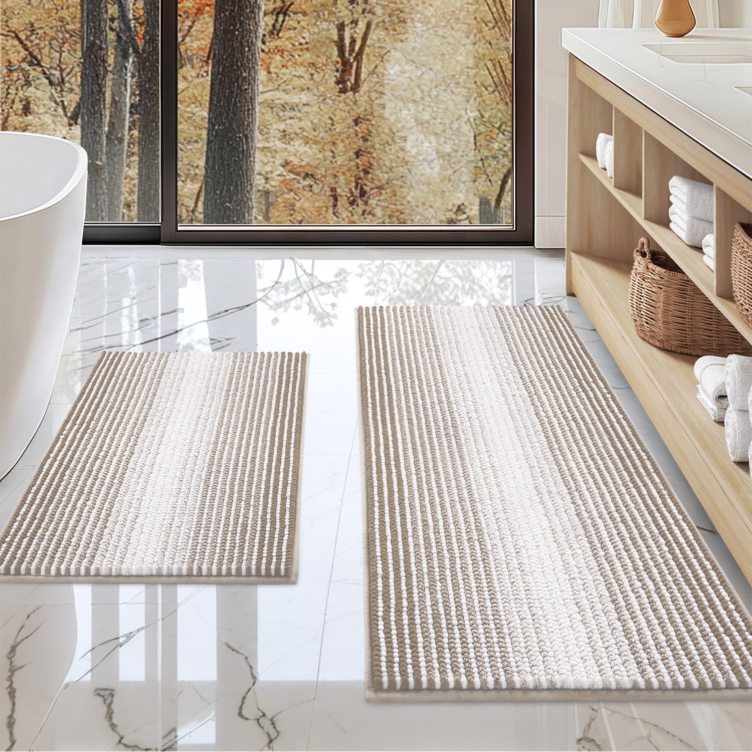 BSICPRO Bathroom Rugs and Mats Sets 2 Piece Thick Absorbent Chenille Non Slip Soft Shaggy Floor Mats Machine