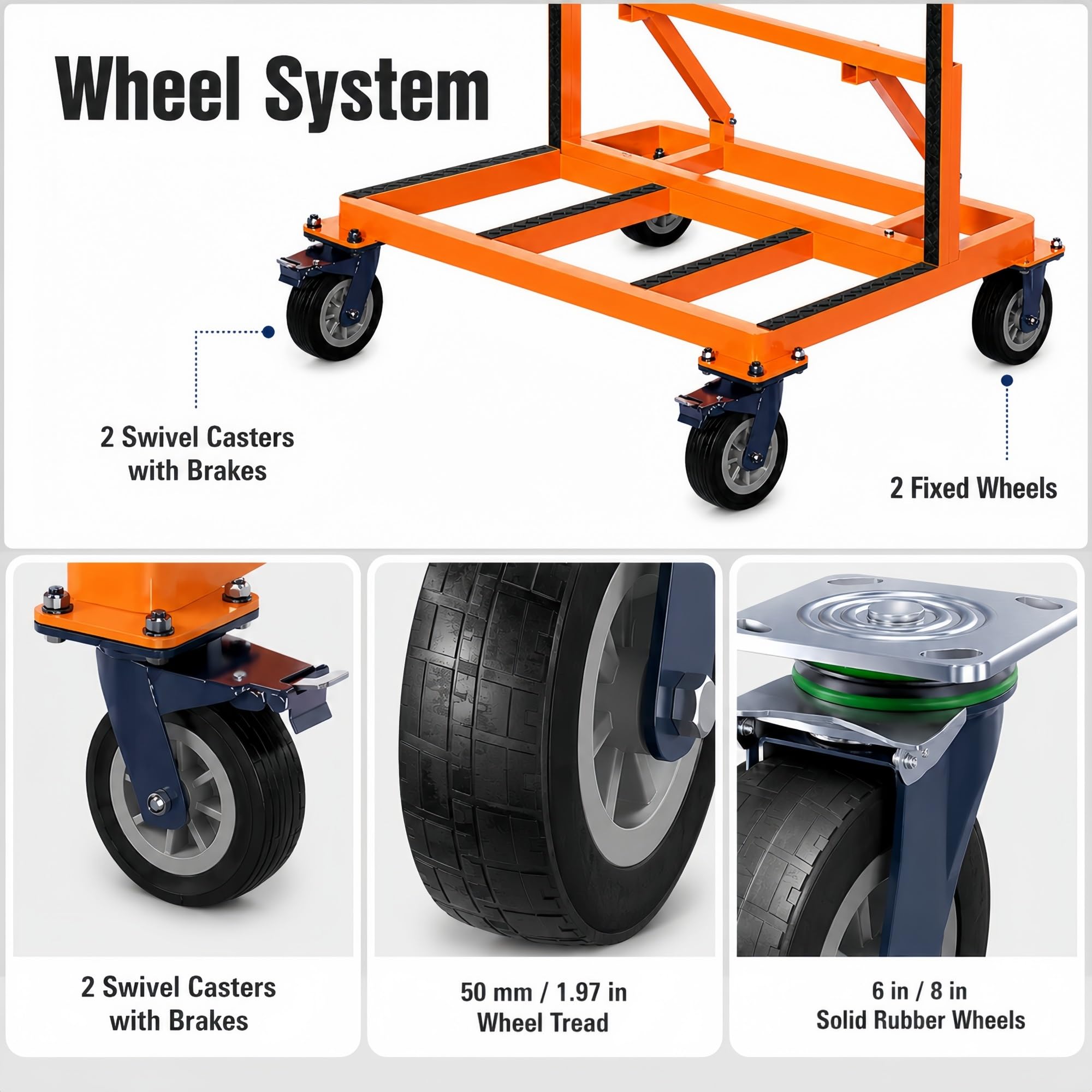 Plattenwagen mit Rollen for Glas, Steinplatten und Platten | Verstellbarer Rahmen und Gummiauflagen， Faltbare Form mit Rollen mit Bremse(6 inches,800kg/1760lb)
