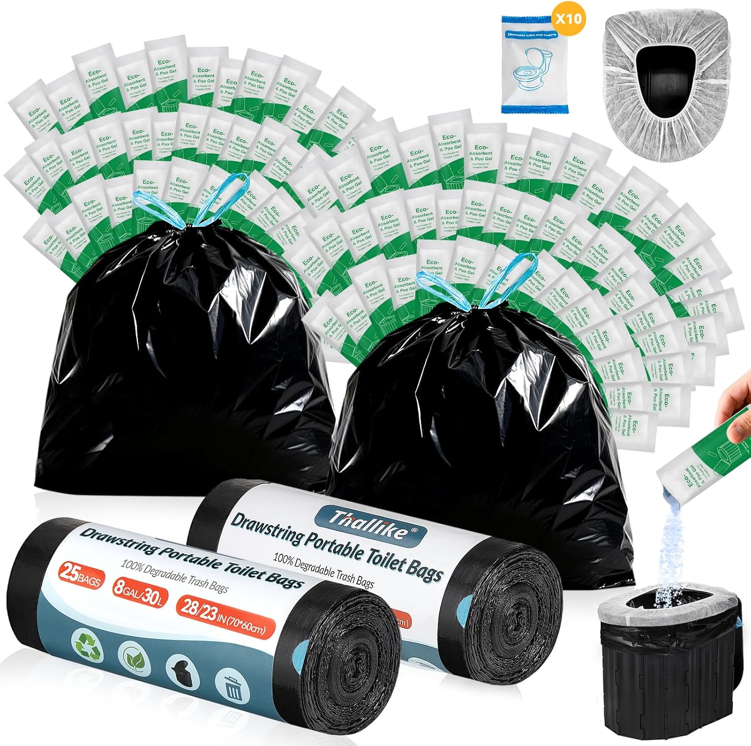 Portable Toilet bags Poo Gel Set, 8 Gallon Drawstring Camping Toilet Bags with Portable Toilet Absorbent Gel and Disposable Toilet Seat,Compostable Thicken Potty Bags for Camping Outdoor Hiking